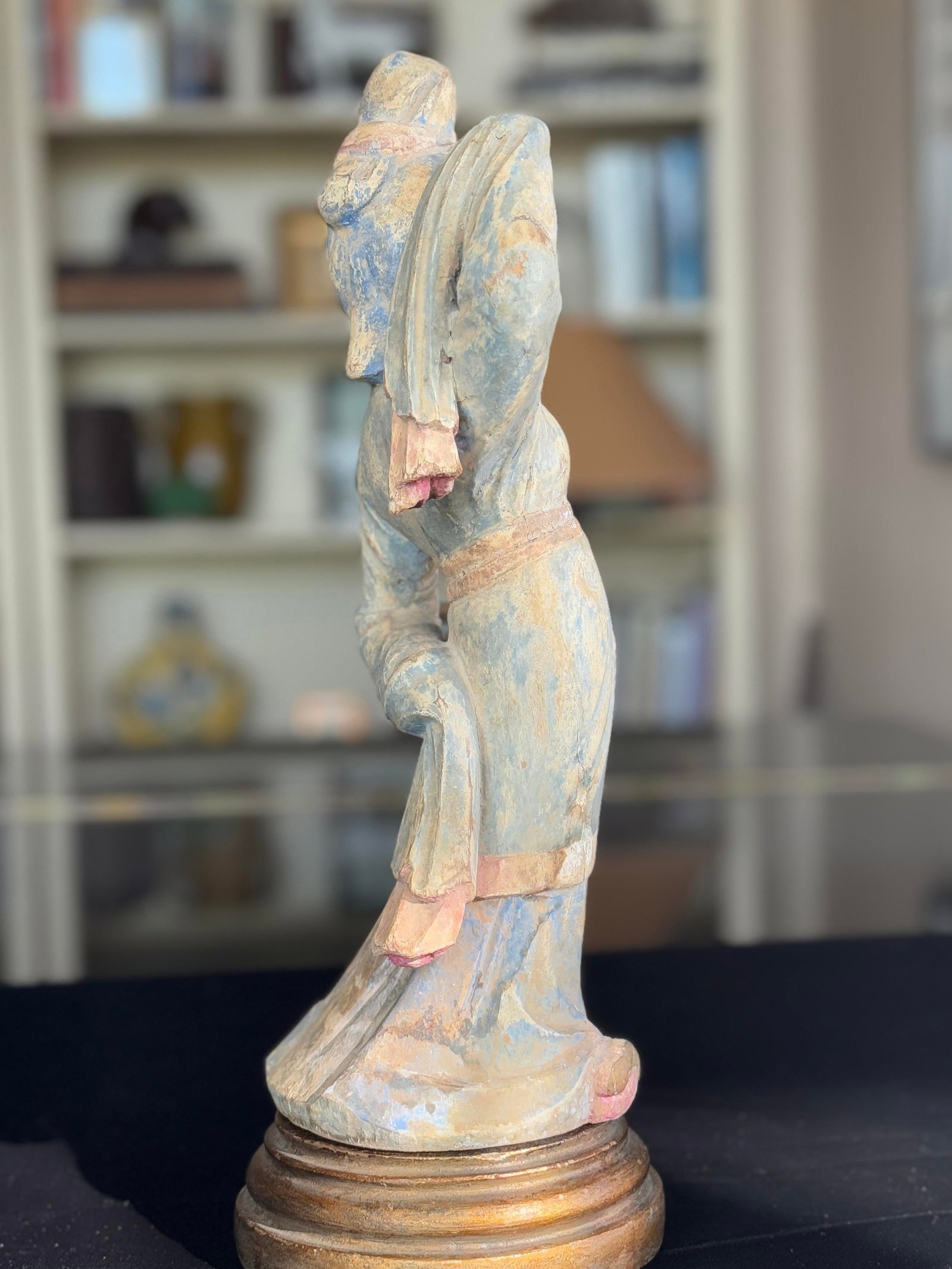 Antique Chinese Carved Wood Dancing Court Lady, Tang Style, Polychrome & Gilt, C. 1920s - 5