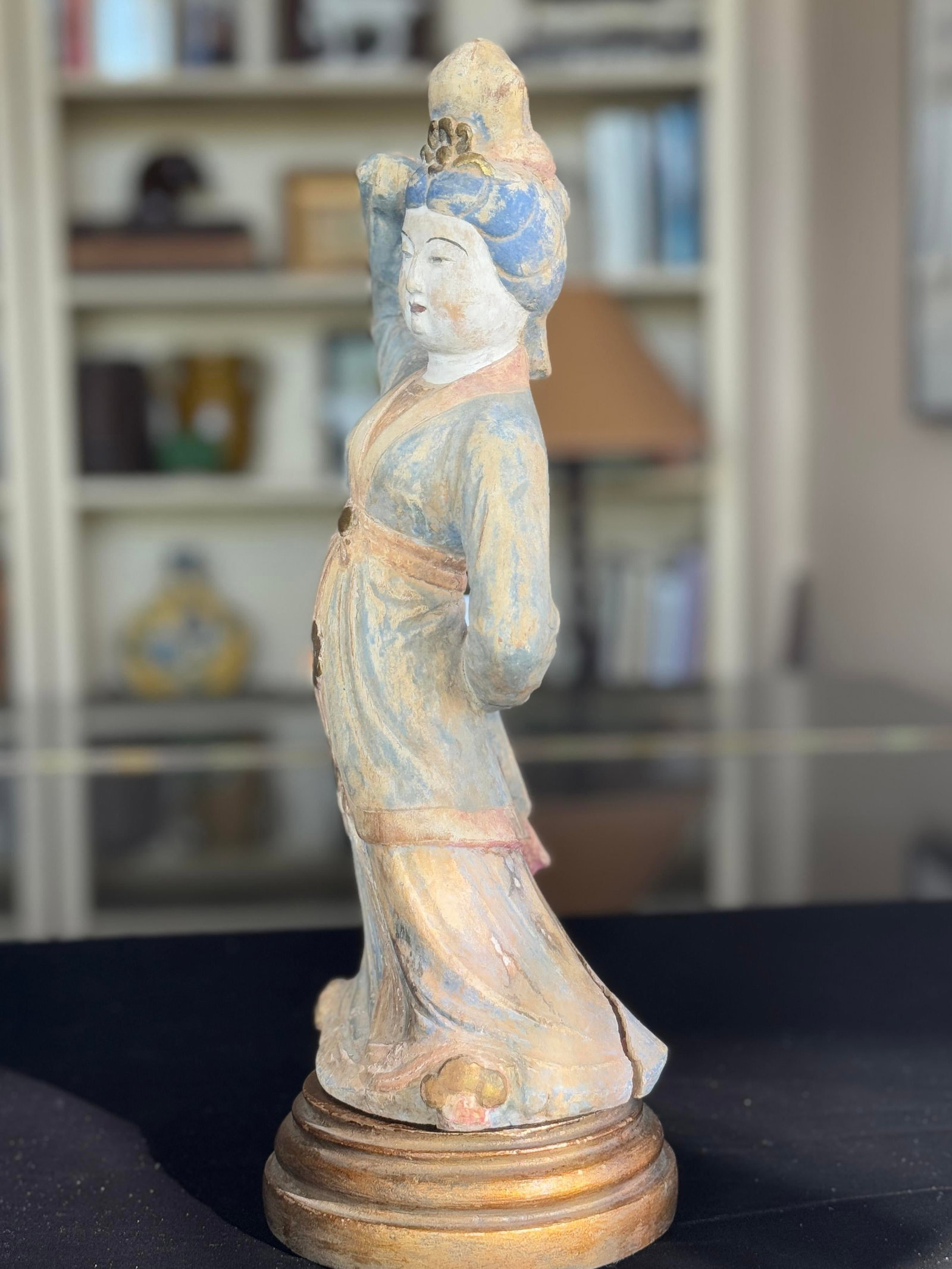Antique Chinese Carved Wood Dancing Court Lady, Tang Style, Polychrome & Gilt, C. 1920s - 6