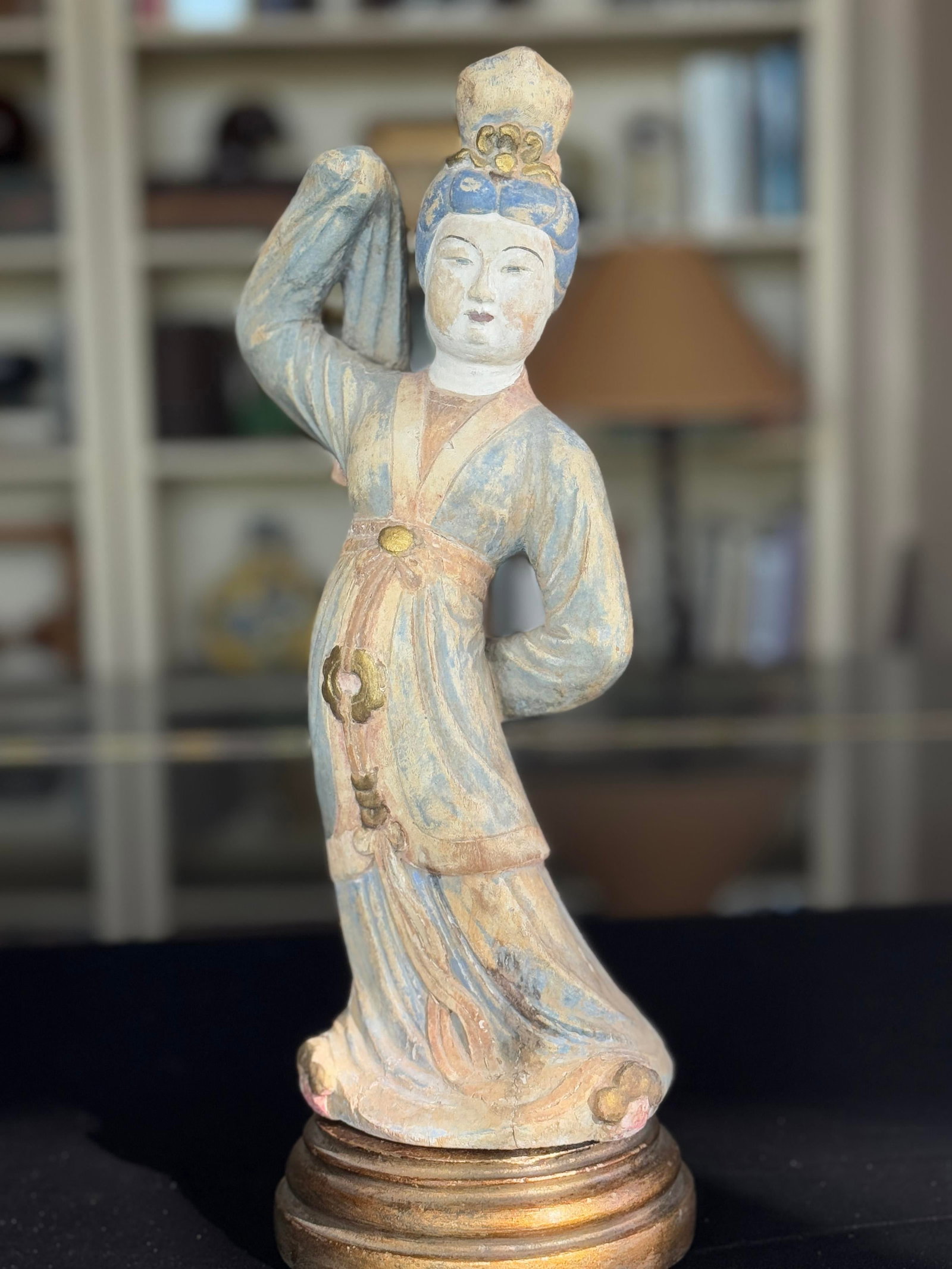 Antique Chinese Carved Wood Dancing Court Lady, Tang Style, Polychrome & Gilt, C. 1920s - 7