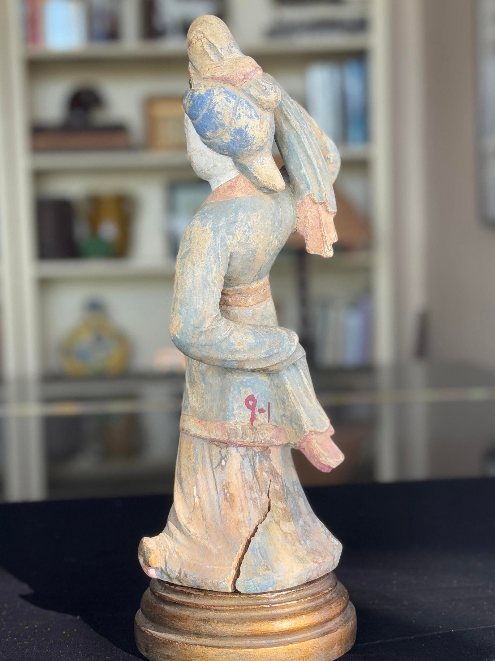 Antique Chinese Carved Wood Dancing Court Lady, Tang Style, Polychrome & Gilt, C. 1920s - 8