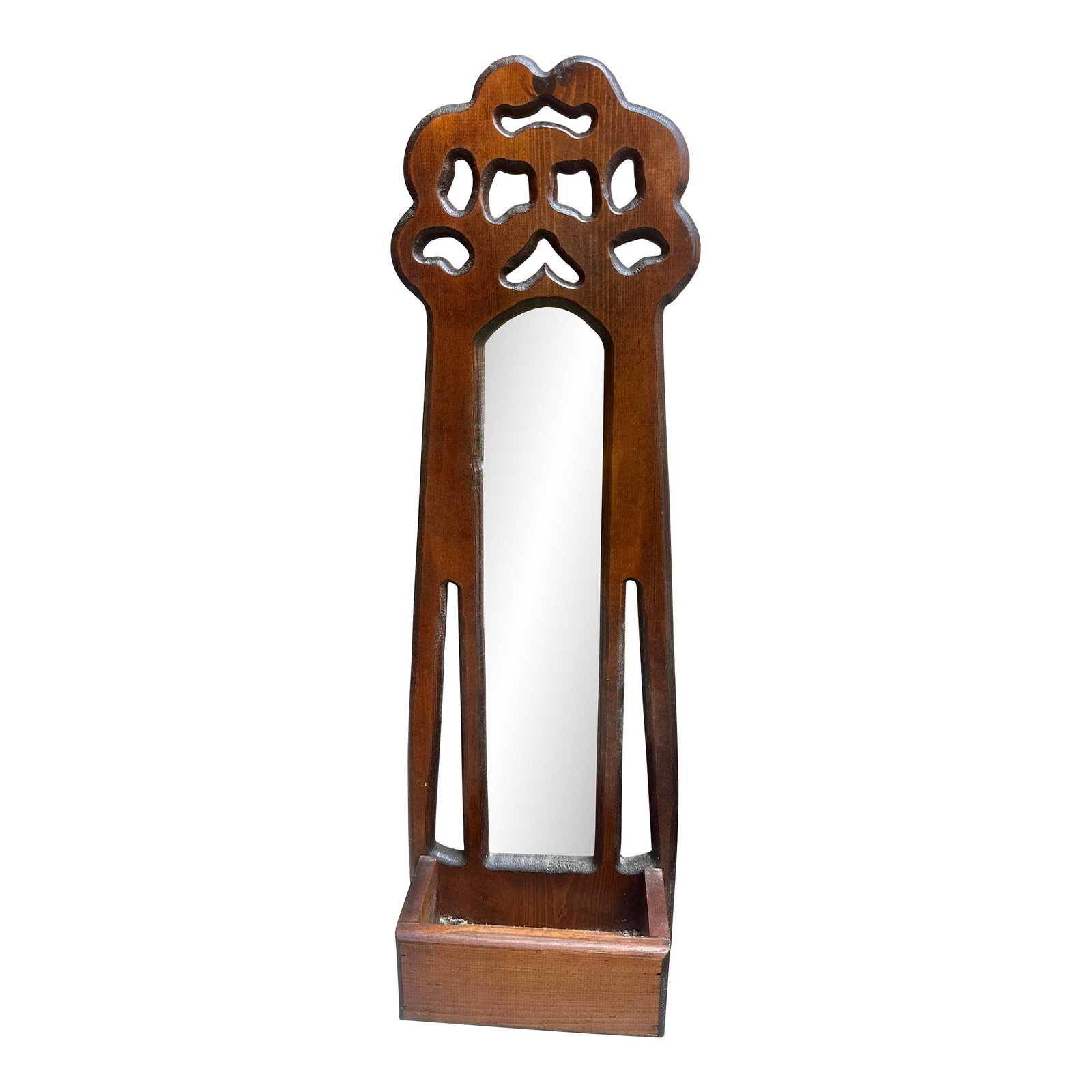 Antique Arts & Crafts Nouveau Carved Wood Wall Pocket Mirror: Vintage Arts & Crafts Standing Mirror with Storage Base A beautifully handcrafted piece featuring a warm, medium-brown finish and an ornate cut-out crest that gives it a classic Arts & Crafts / Missio