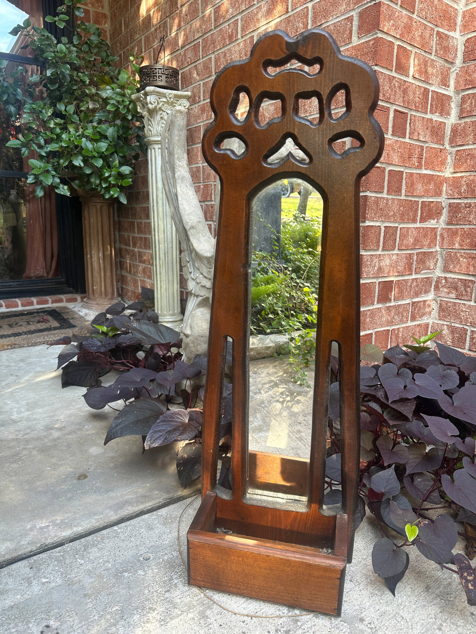 Antique Arts & Crafts Nouveau Carved Wood Wall Pocket Mirror - 2