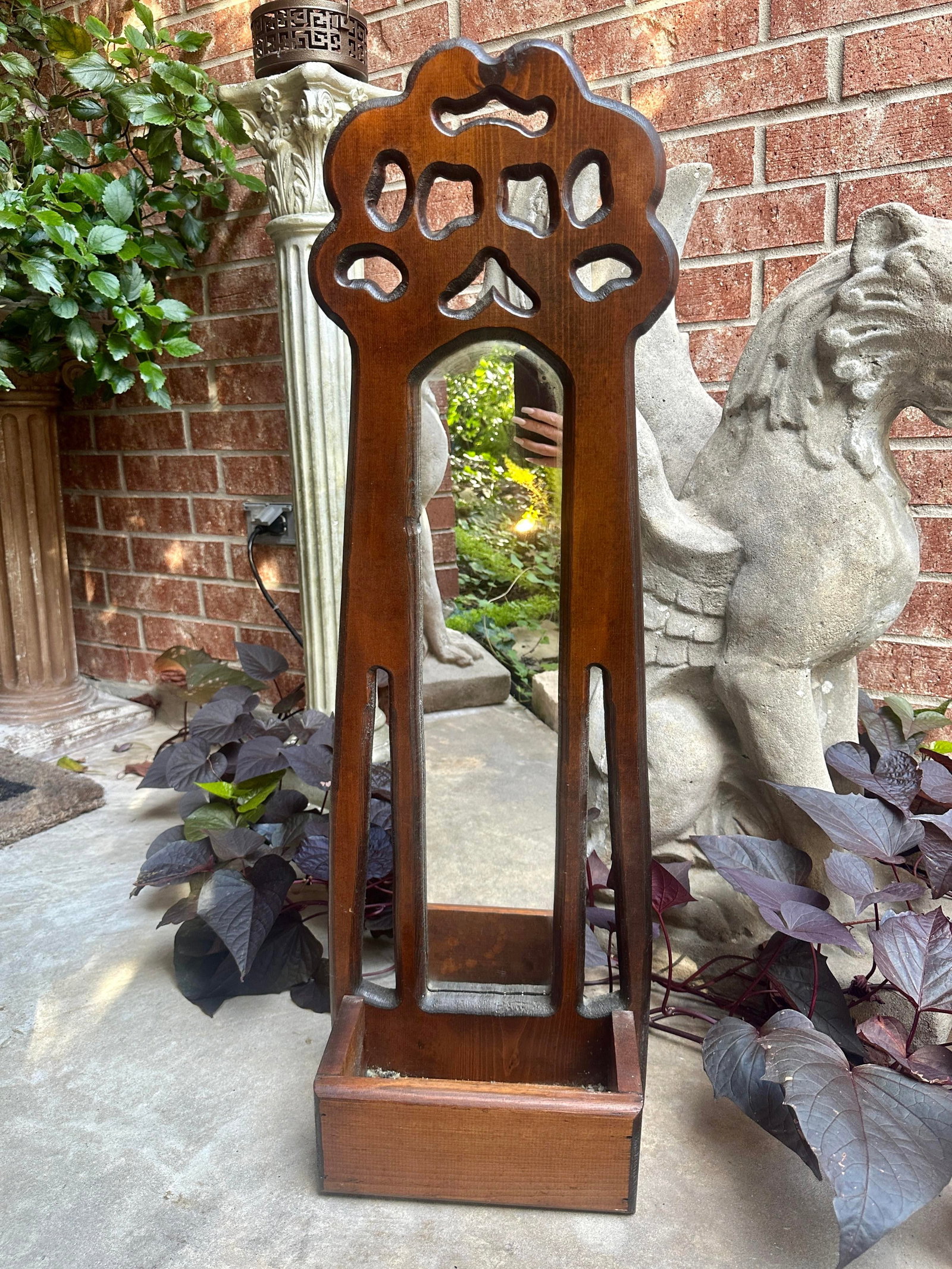 Antique Arts & Crafts Nouveau Carved Wood Wall Pocket Mirror - 7