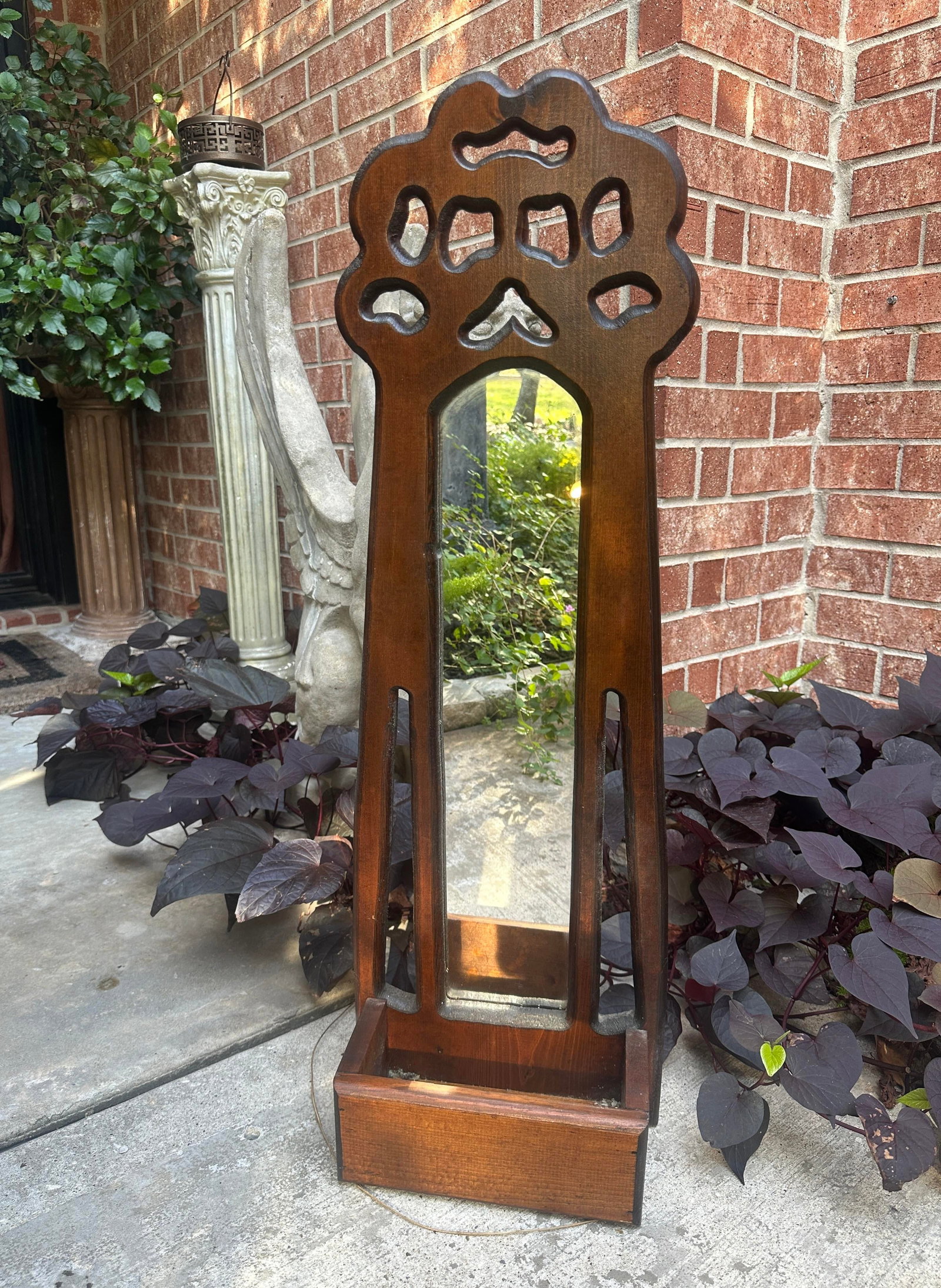 Antique Arts & Crafts Nouveau Carved Wood Wall Pocket Mirror - 9