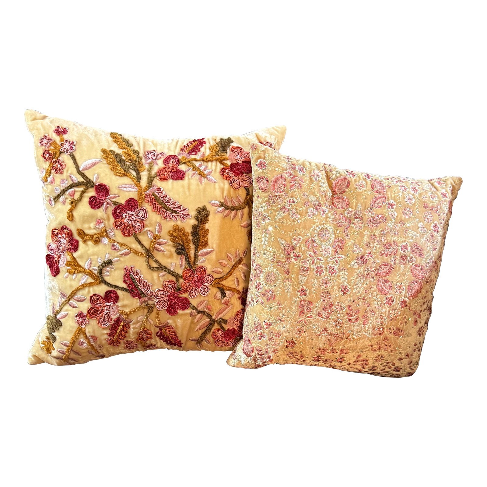 Anke Drechsel Curated Set of 2 Pillows: Beautifully curated set of two Anke Drechsel pillows available. The smaller one is approx. 12x12 and the larger one is approx 16x16. Both have a champagne beige background and are hand embroidered,