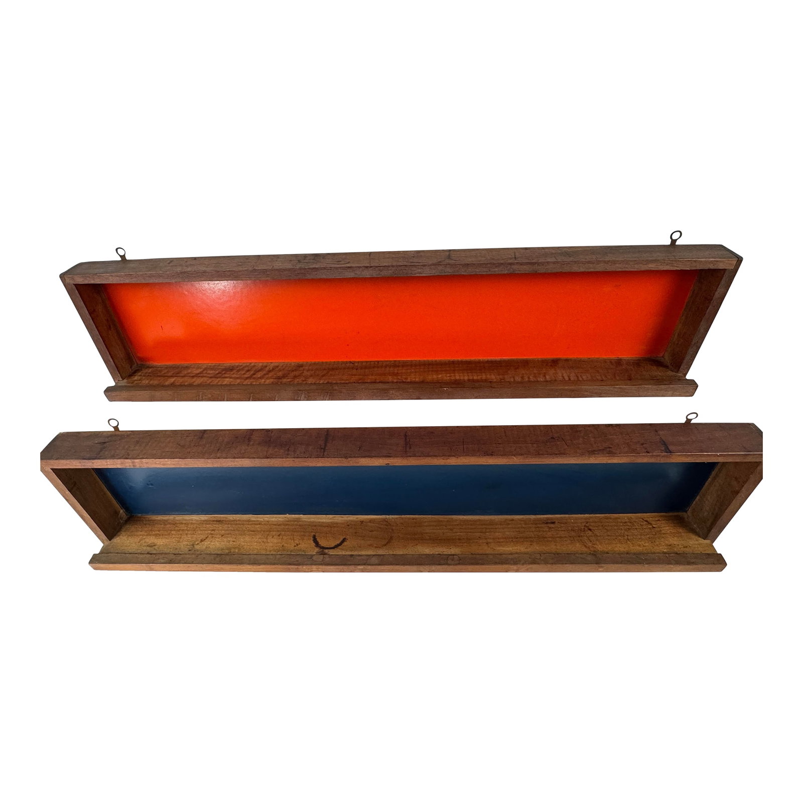 MCM 1950s Cabin Modern Architect Pair of MCM Walnut Wall Shelf Spice Rack in Orange+Blue Background: 1950s CabinModern Architect Walnut Wall Shelf Spice Rack in Orange+Blue Panels. These are true Mid Century Modern style and colors. All original. Condition: Alterations: Original Condition Unaltered