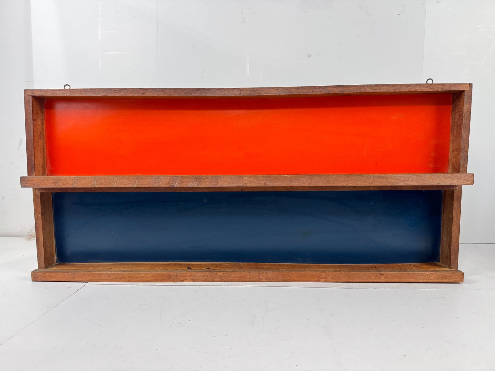 MCM 1950s Cabin Modern Architect Pair of MCM Walnut Wall Shelf Spice Rack in Orange+Blue Background - 2