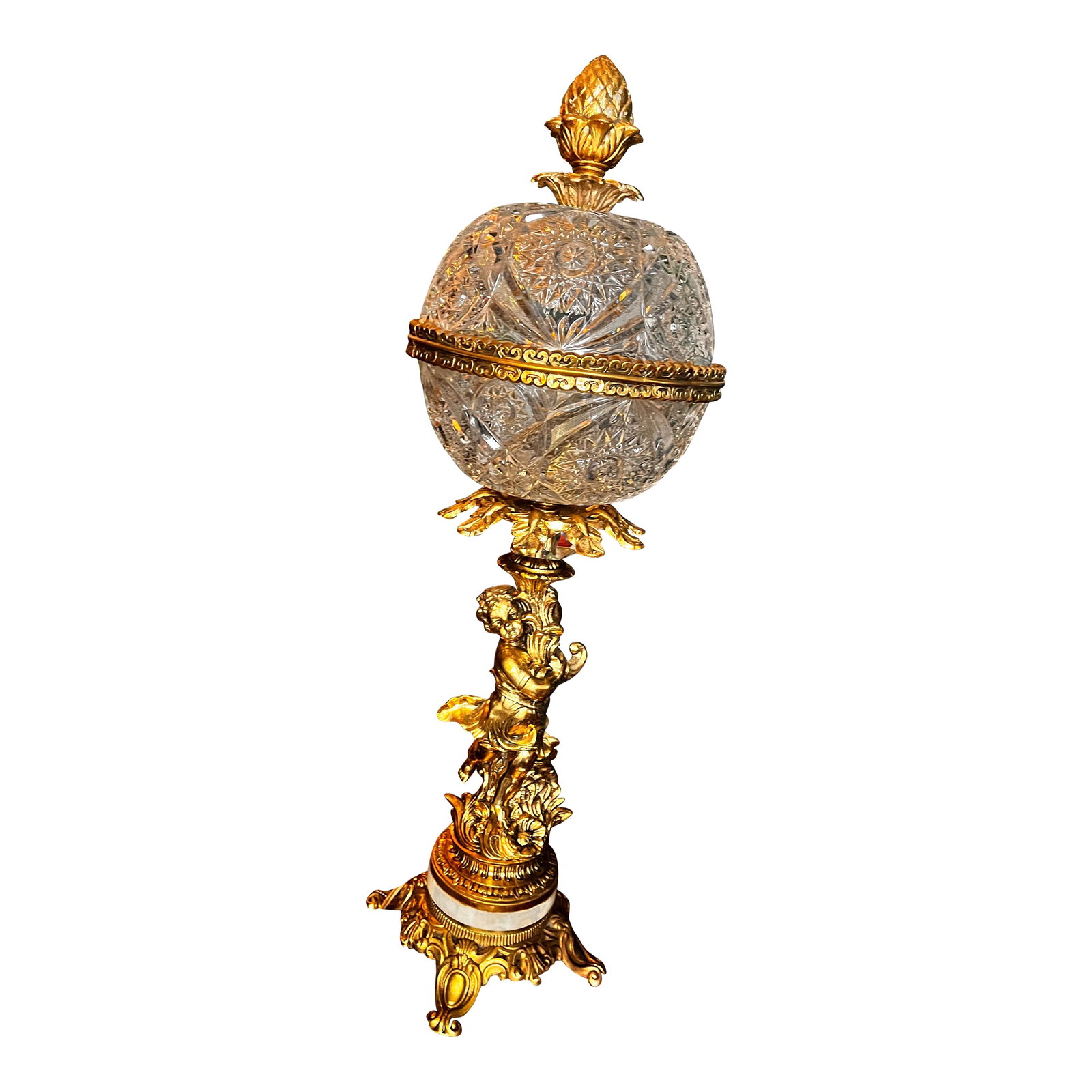 Vintage French Hollywood Regency Gold Cherub Crystal Glass Globe Table Lamp (1 of 11)
