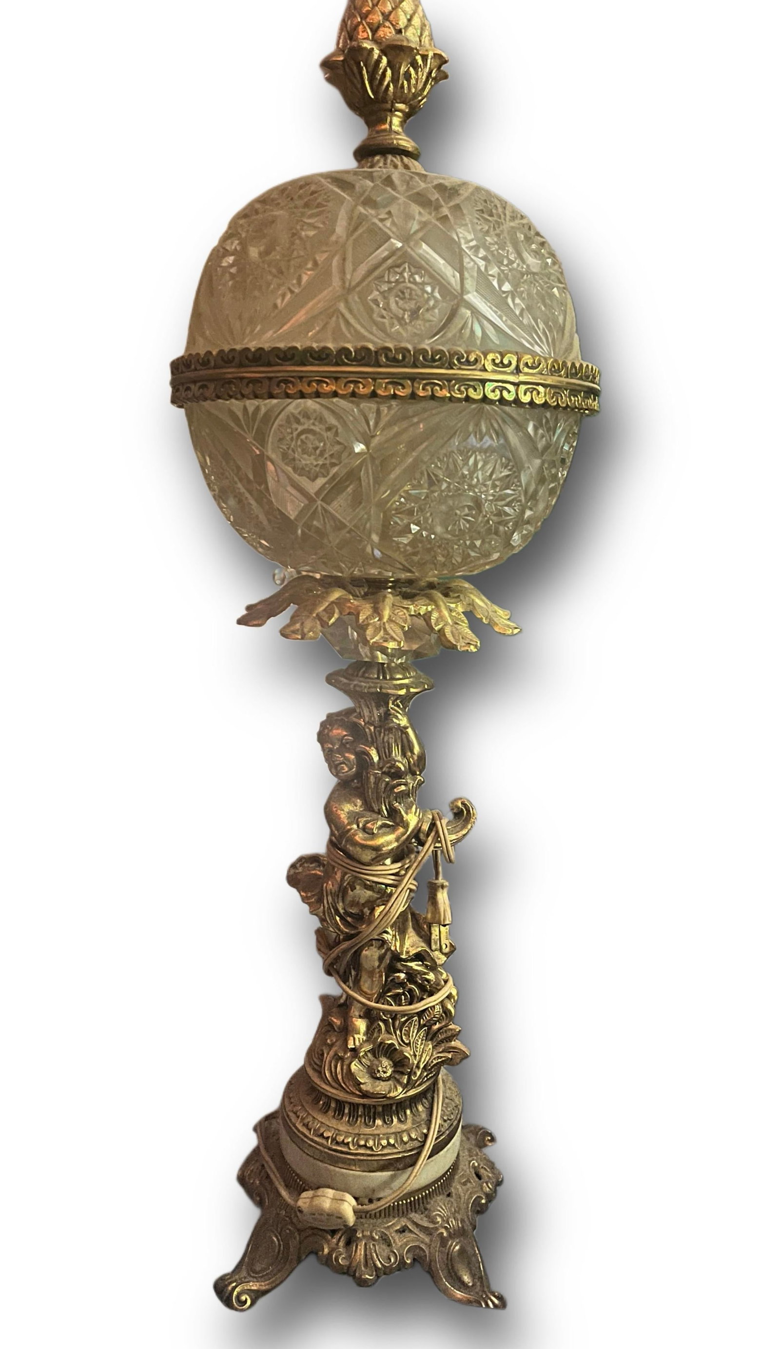 Vintage French Hollywood Regency Gold Cherub Crystal Glass Globe Table Lamp - 2