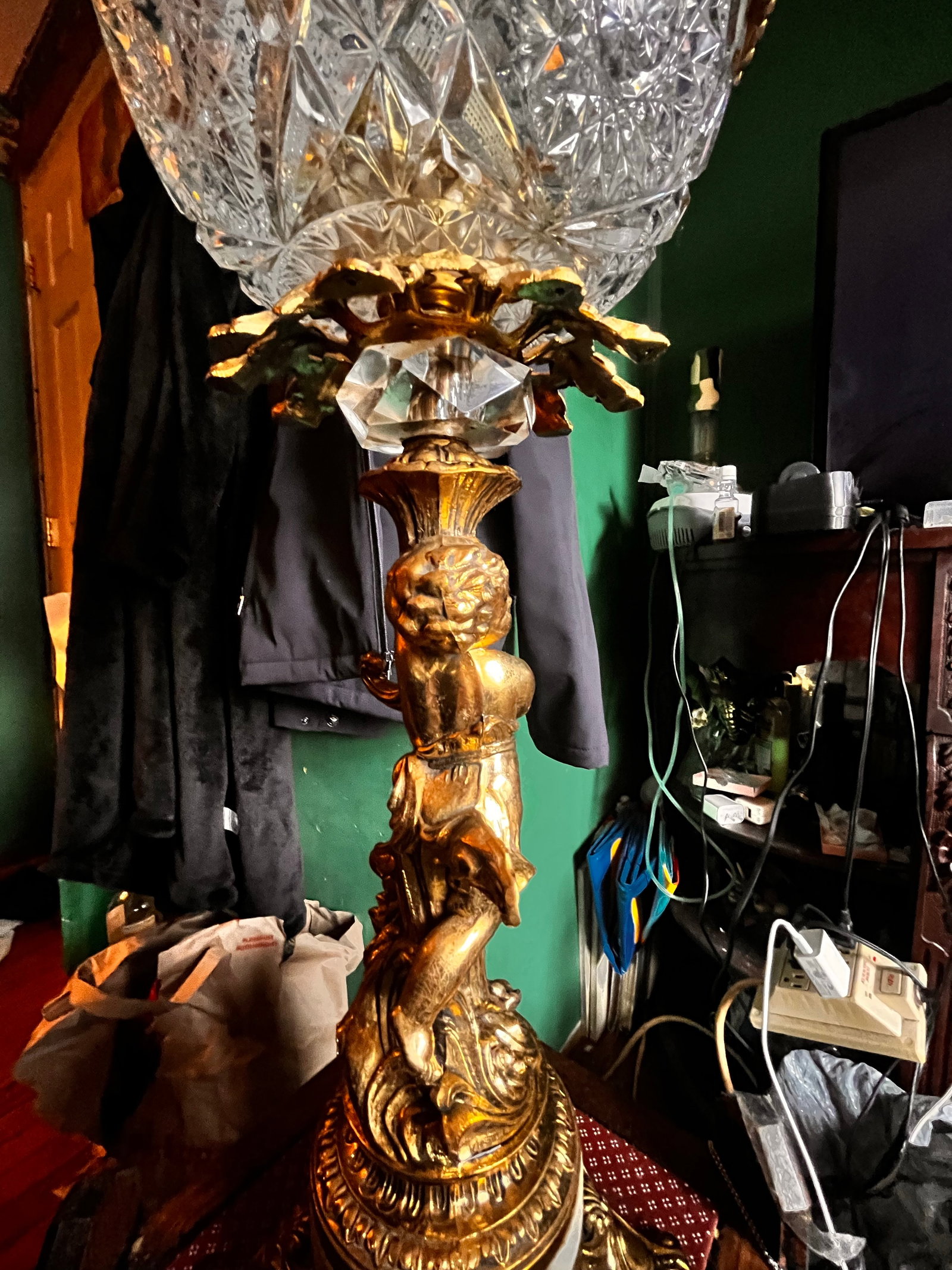 Vintage French Hollywood Regency Gold Cherub Crystal Glass Globe Table Lamp - 8