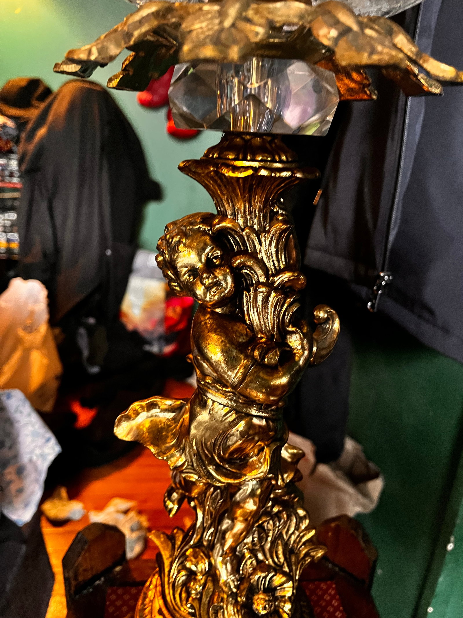 Vintage French Hollywood Regency Gold Cherub Crystal Glass Globe Table Lamp - 9