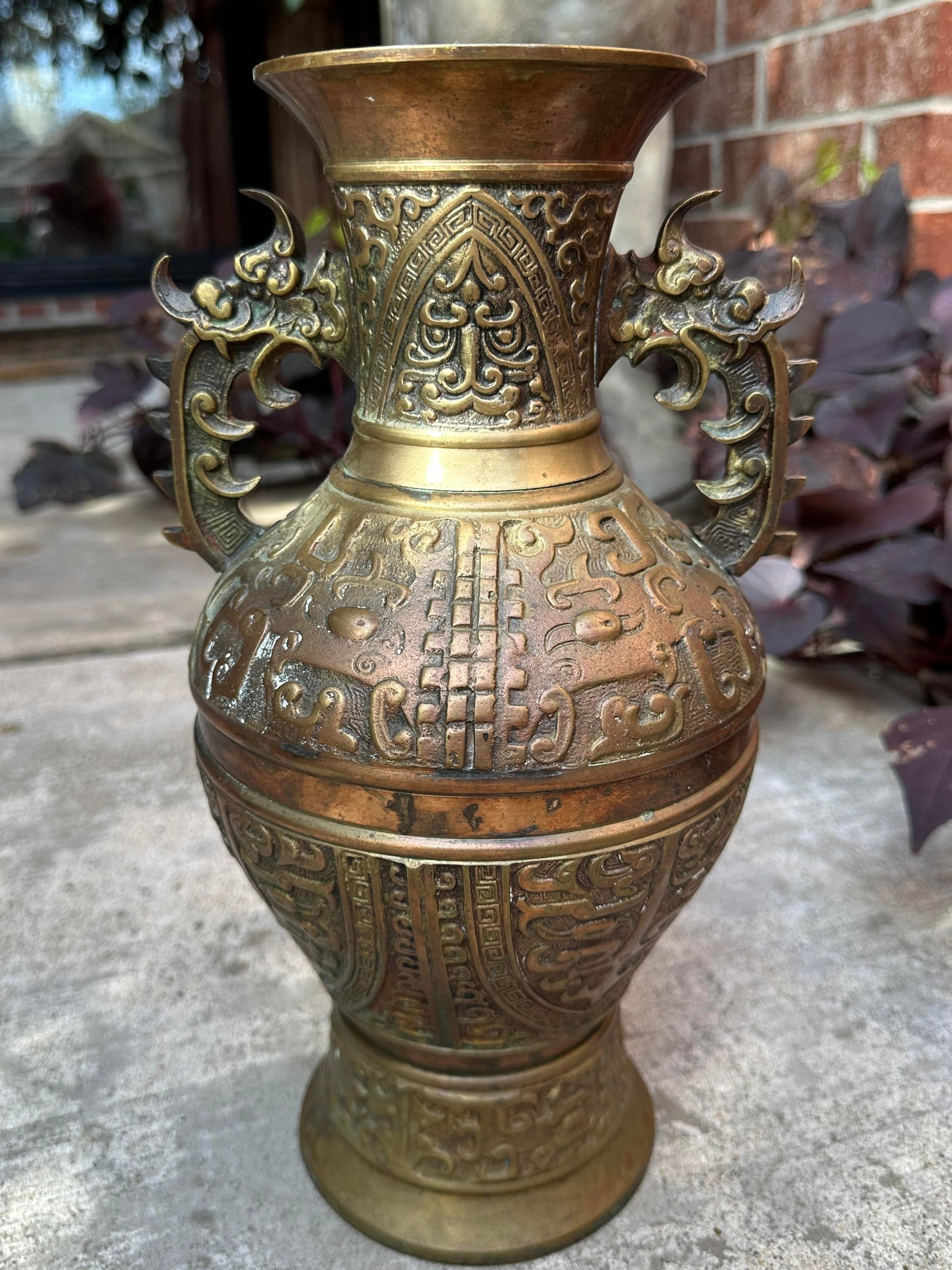 Late 19th-Century Chinese Archaistic Copper and Brass Altar Vase - Qing Dynasty With Taotie & Foo Dr - 10