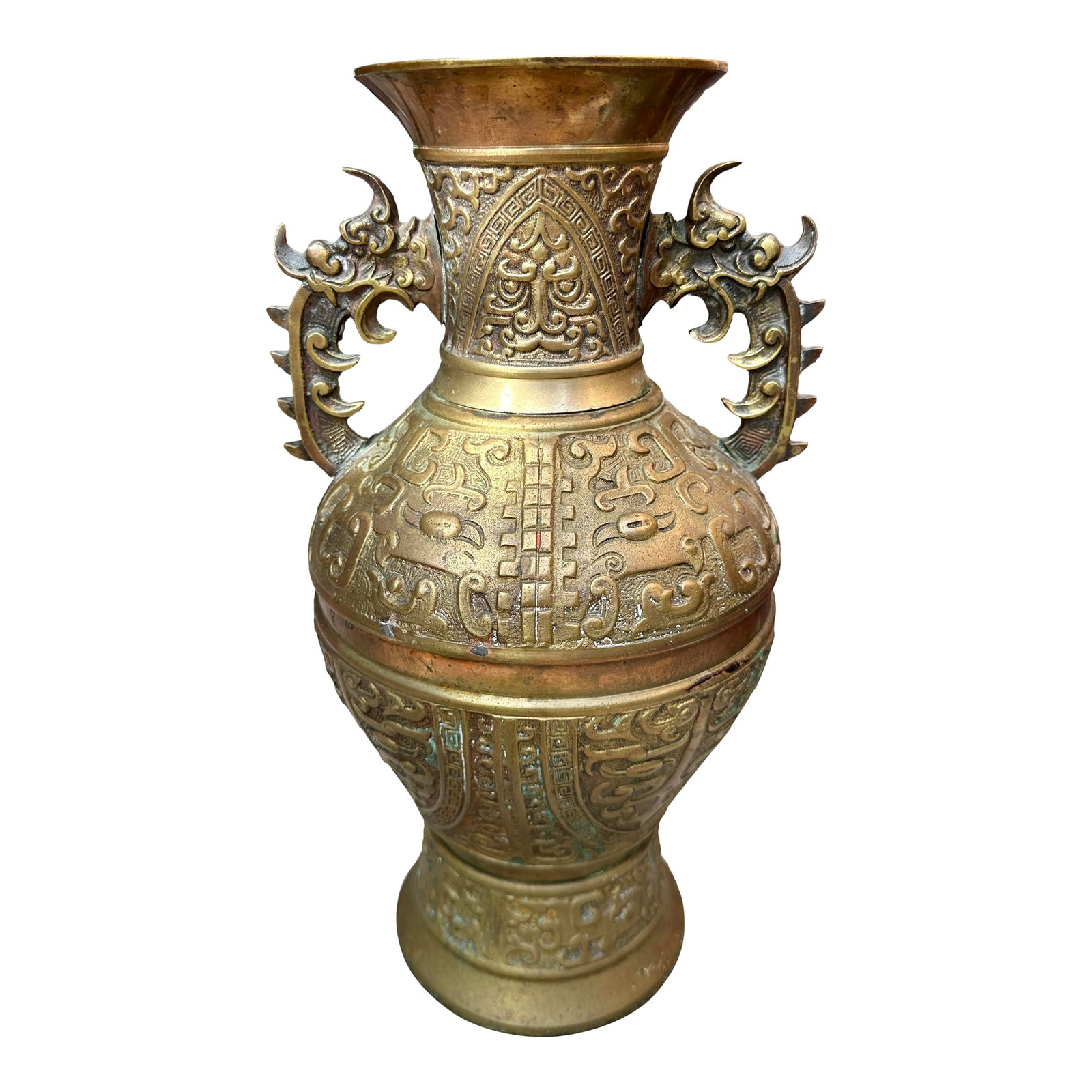 Late 19th-Century Chinese Archaistic Copper and Brass Altar Vase - Qing Dynasty With Taotie & Foo Dr: An exceptional late 19th-century Chinese altar or temple vase, cast in heavy brass and richly decorated in the archaistic style that honors the ritual bronzes of the Shang and Zhou dynasties. This ant