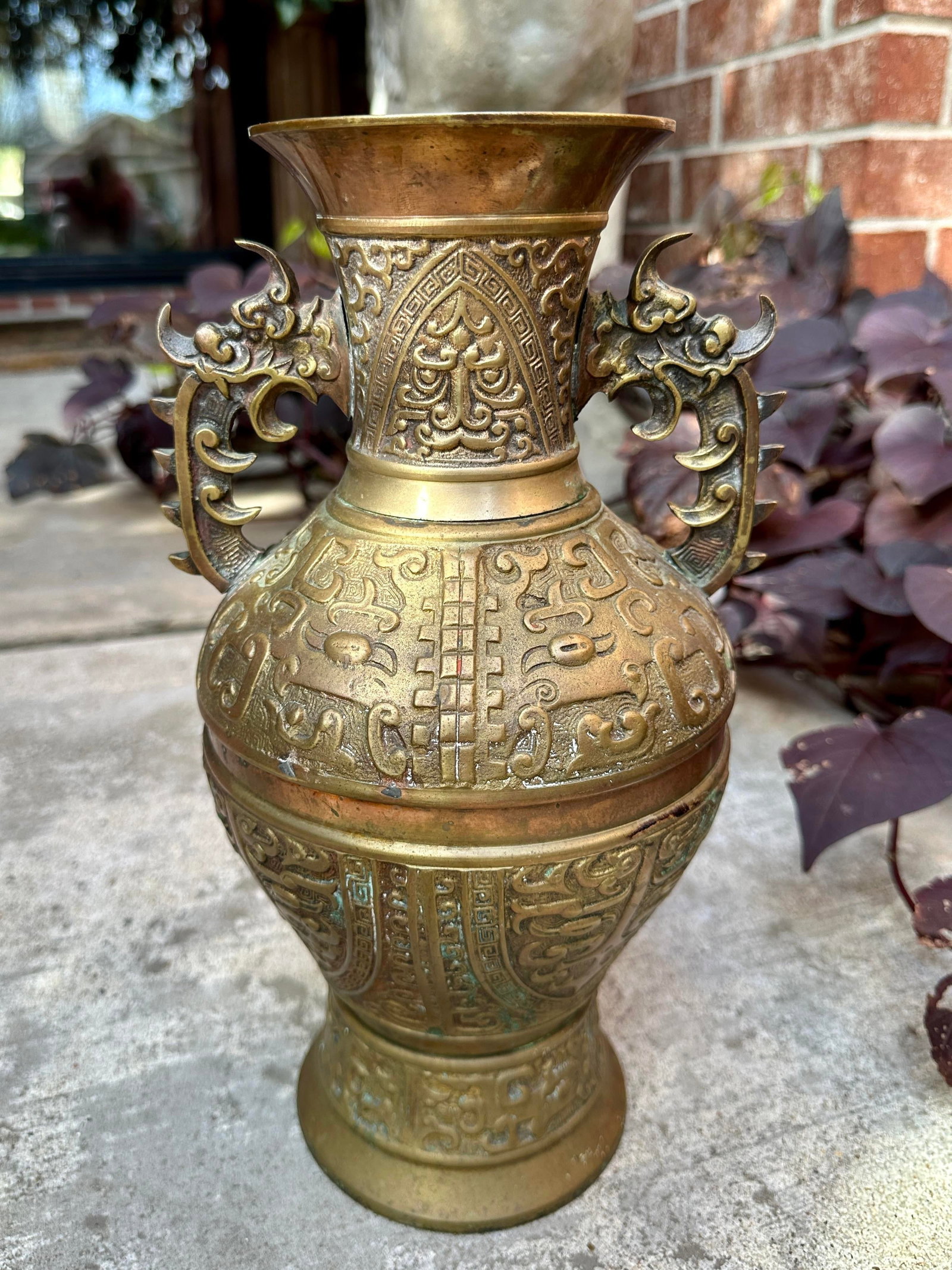 Late 19th-Century Chinese Archaistic Copper and Brass Altar Vase - Qing Dynasty With Taotie & Foo Dr - 6