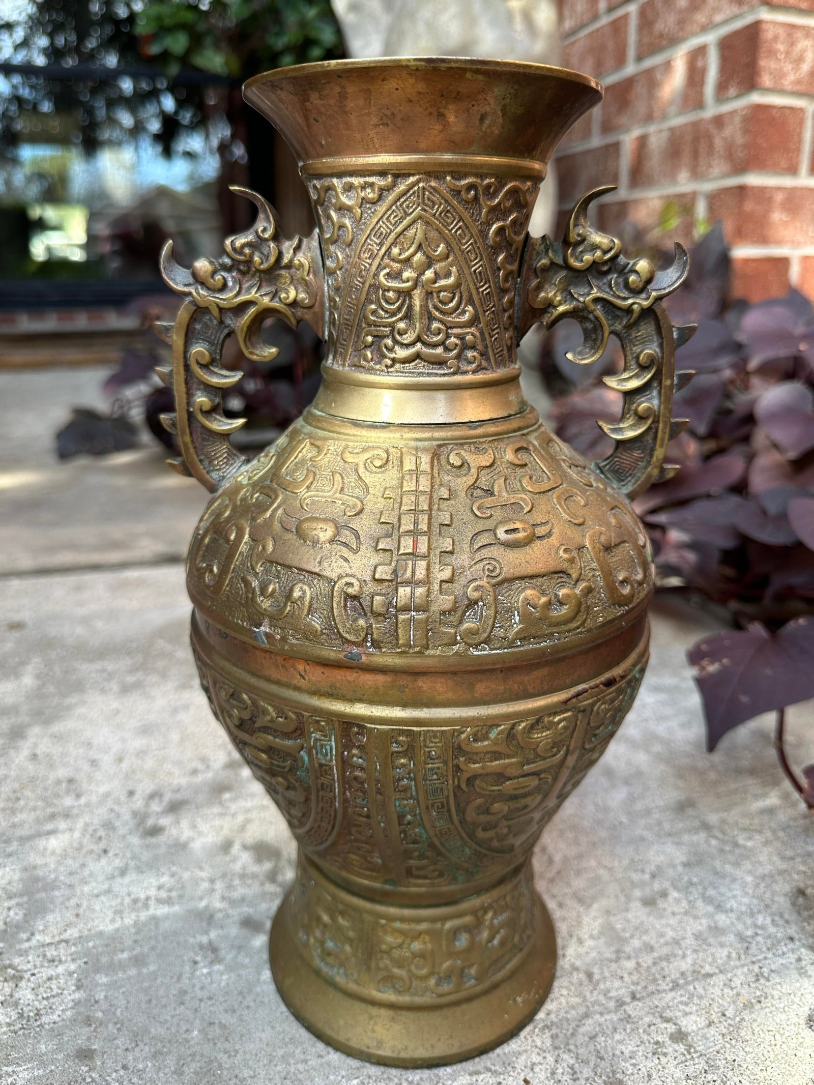 Late 19th-Century Chinese Archaistic Copper and Brass Altar Vase - Qing Dynasty With Taotie & Foo Dr - 9