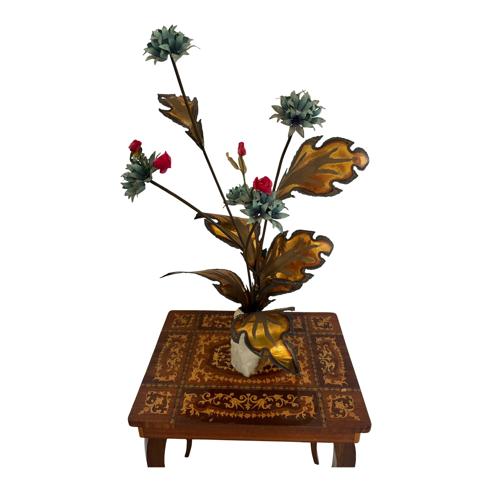 70's Brass and Onyx Flower Sculpture: Amazing 1970s art sculpture bra with flowers in a turquoise patina and an Onyx base signature is not legible, but it is signed. Very good condition and nice size as well. Condition: Alterations:
