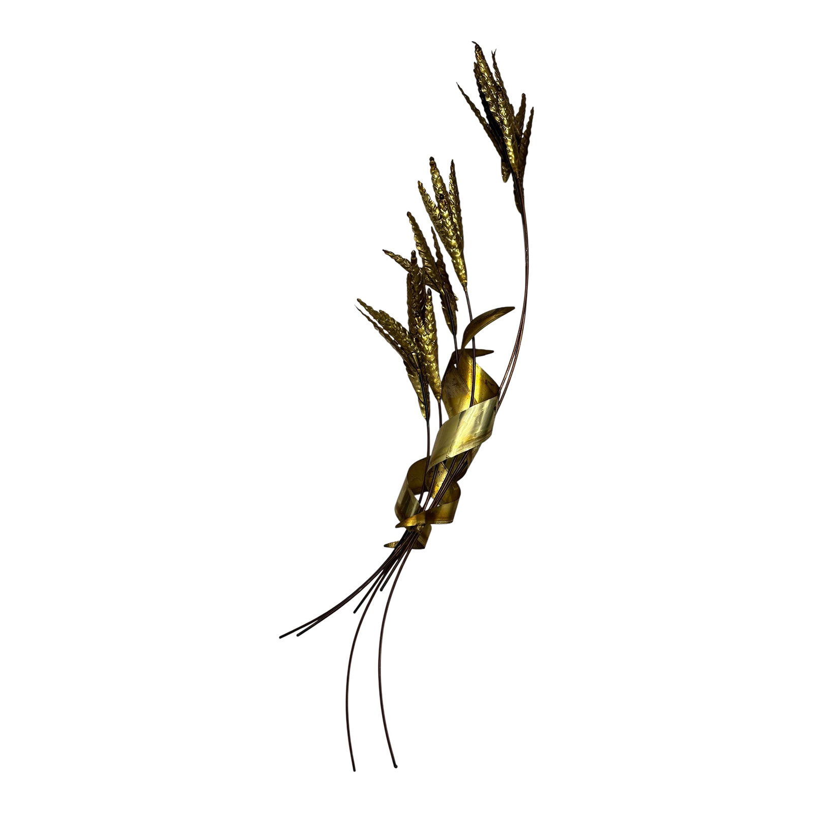 Vintage Brass Wheat Wall Sculpture With Copper Stems, Mid Century Modern Botanical Wall Art, 30": A striking vintage metal wall sculpture featuring a sculptural wheat/botanical spray design. Crafted with hammered brass wheat heads, flowing copper-toned stems, and a dramatic ribbon-like brass swirl