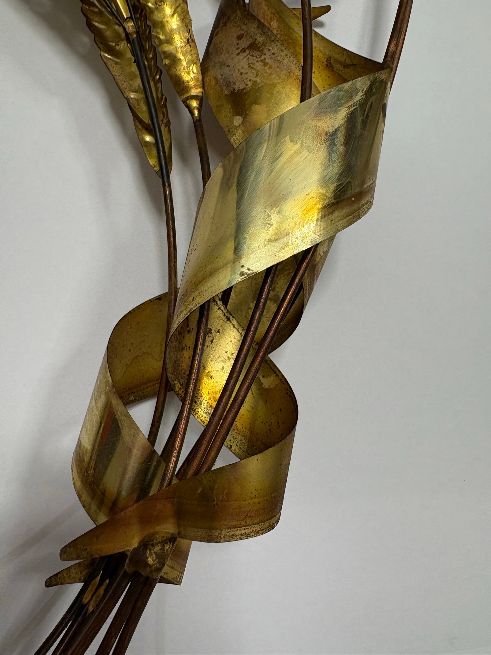 Vintage Brass Wheat Wall Sculpture With Copper Stems, Mid Century Modern Botanical Wall Art, 30" - 3