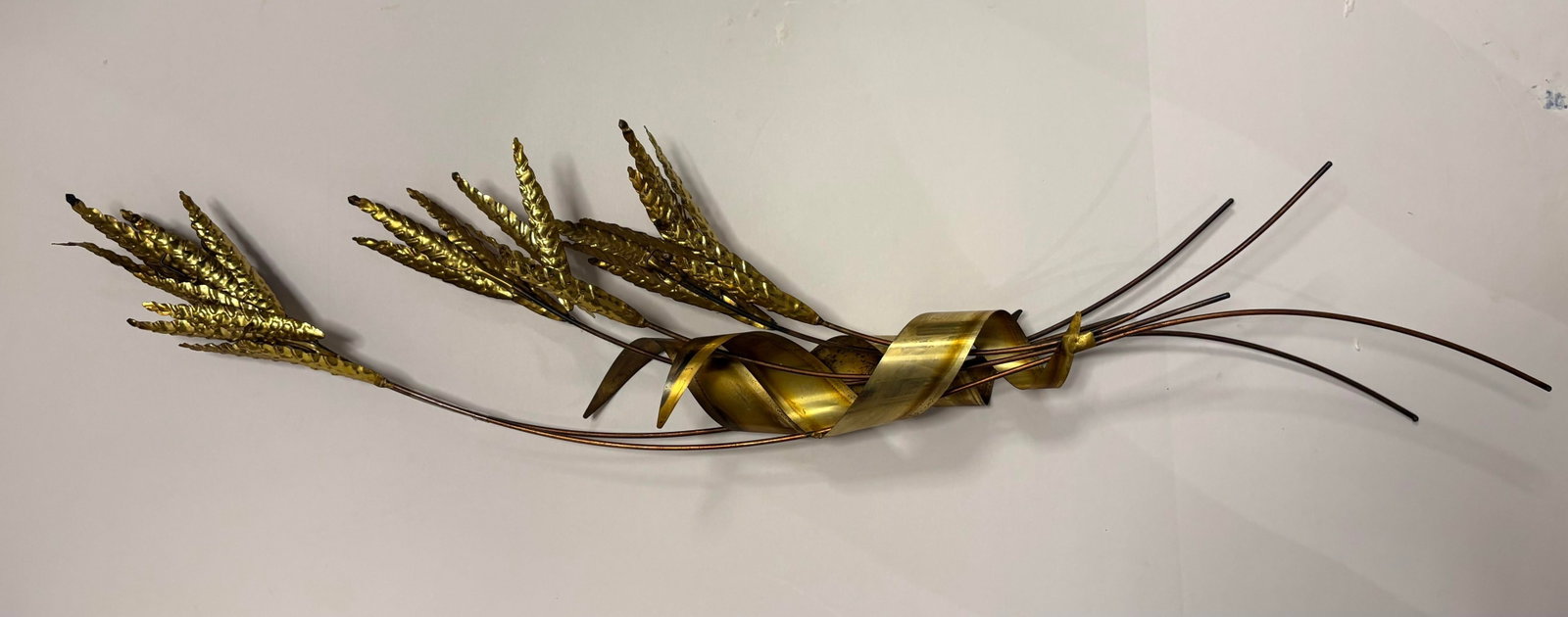 Vintage Brass Wheat Wall Sculpture With Copper Stems, Mid Century Modern Botanical Wall Art, 30" - 4
