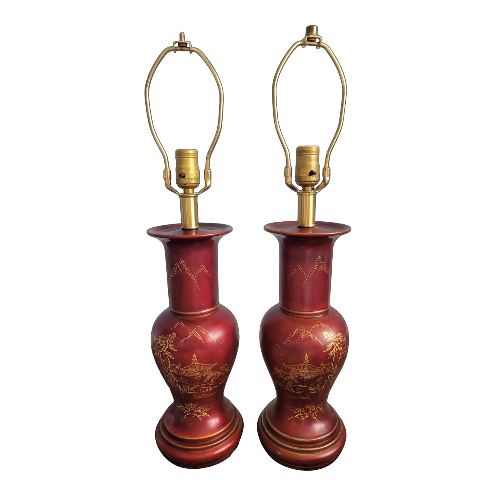 Mid 20th Century Occupied Japan Pair of Maruni Patented Lacquerware Lamps: Vintage red Occupied Japan Pair of MARUNI PATENTED LACQUERWARE lamps. They are stamped on the bottom of each and is marked MADE BY HAND IN OCCUPIED JAPAN and have the Maruni LOGO. The base diameter
