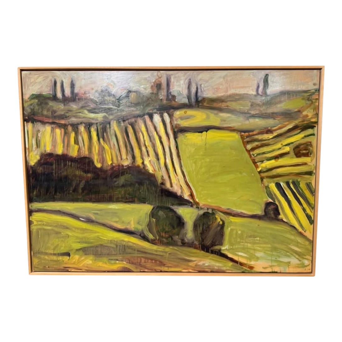 Herbert Murrie - Hills of San Gimignano (1997) Oil on Wood Panel, 60'' * 40'': Large original oil painting by Chicago-born American artist Herbert Lee Murrie (b. 1935). Hills of San Gimignano (1997) depicts a luminous Tuscan landscape in rich, expressive brushwork characteristic