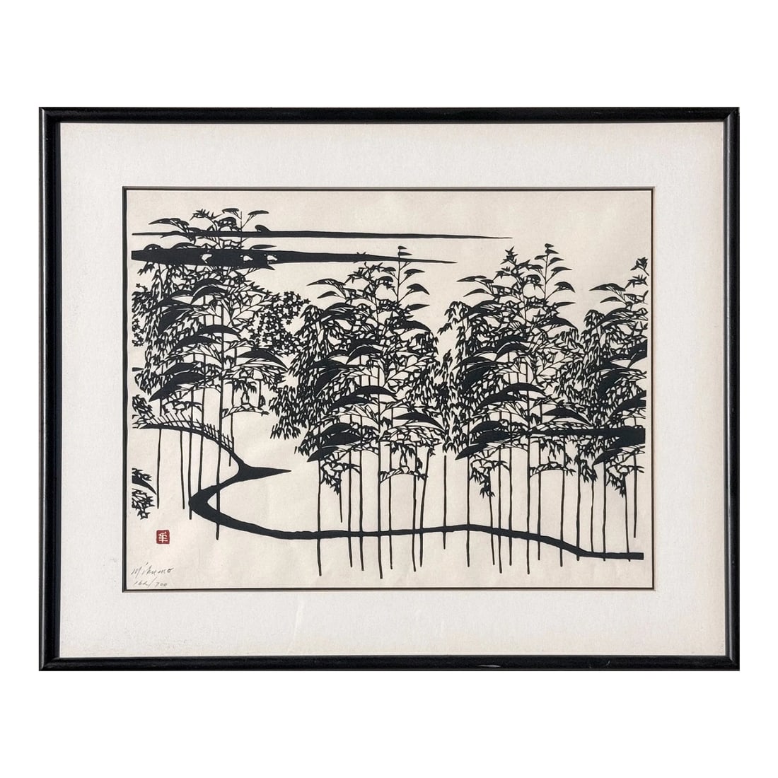 Inagaki 1964 Woodblock Print - Path in a Grove - Japanese Modernist Woodblock Print: A refined black-and-white woodblock print depicting a winding path through a bamboo grove, rendered in bold silhouette against a pale ground. Tall, slender stalks rise rhythmically across the