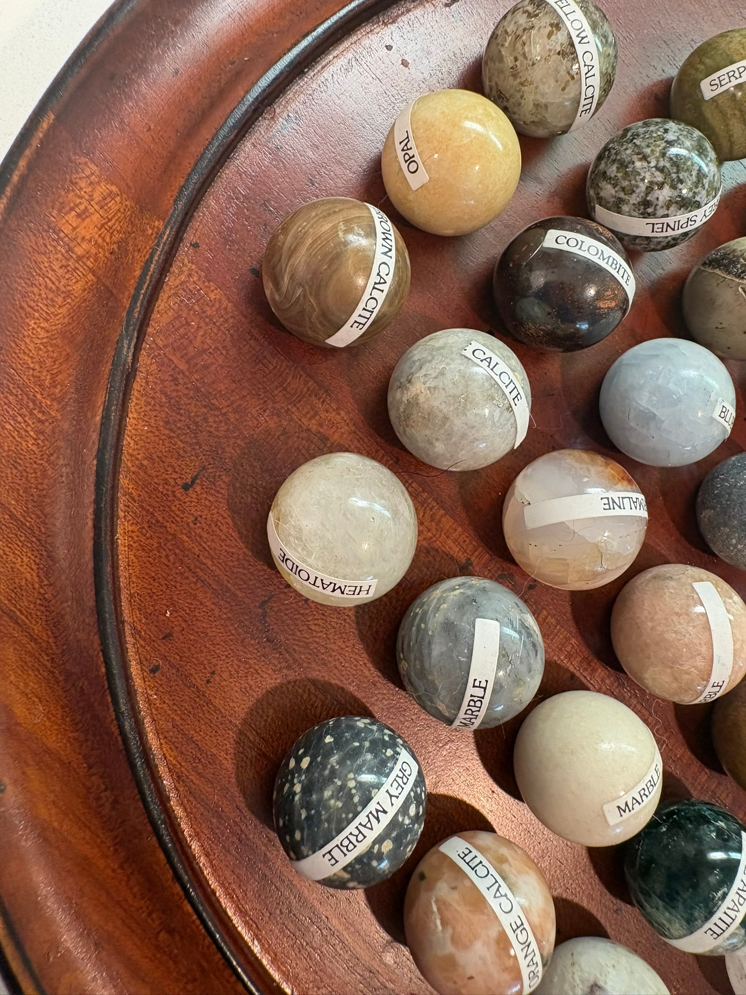 European Handcrafted Solitaire Game With Semi Precious Stone Marbles & Gilt Pedestal Bowl - 10