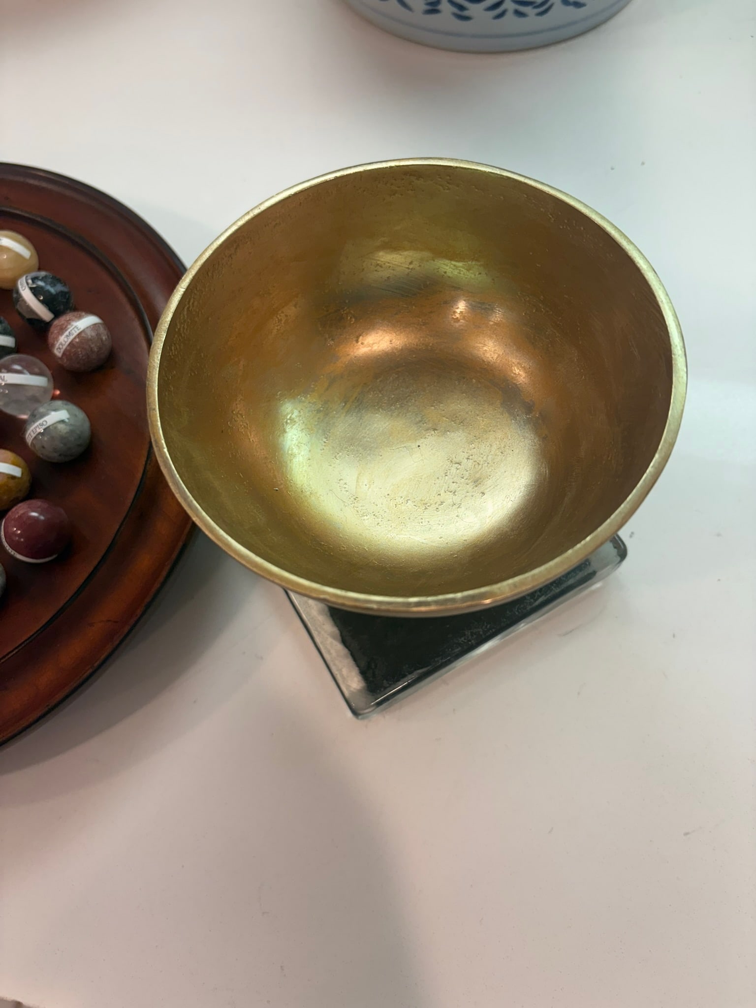 European Handcrafted Solitaire Game With Semi Precious Stone Marbles & Gilt Pedestal Bowl - 12