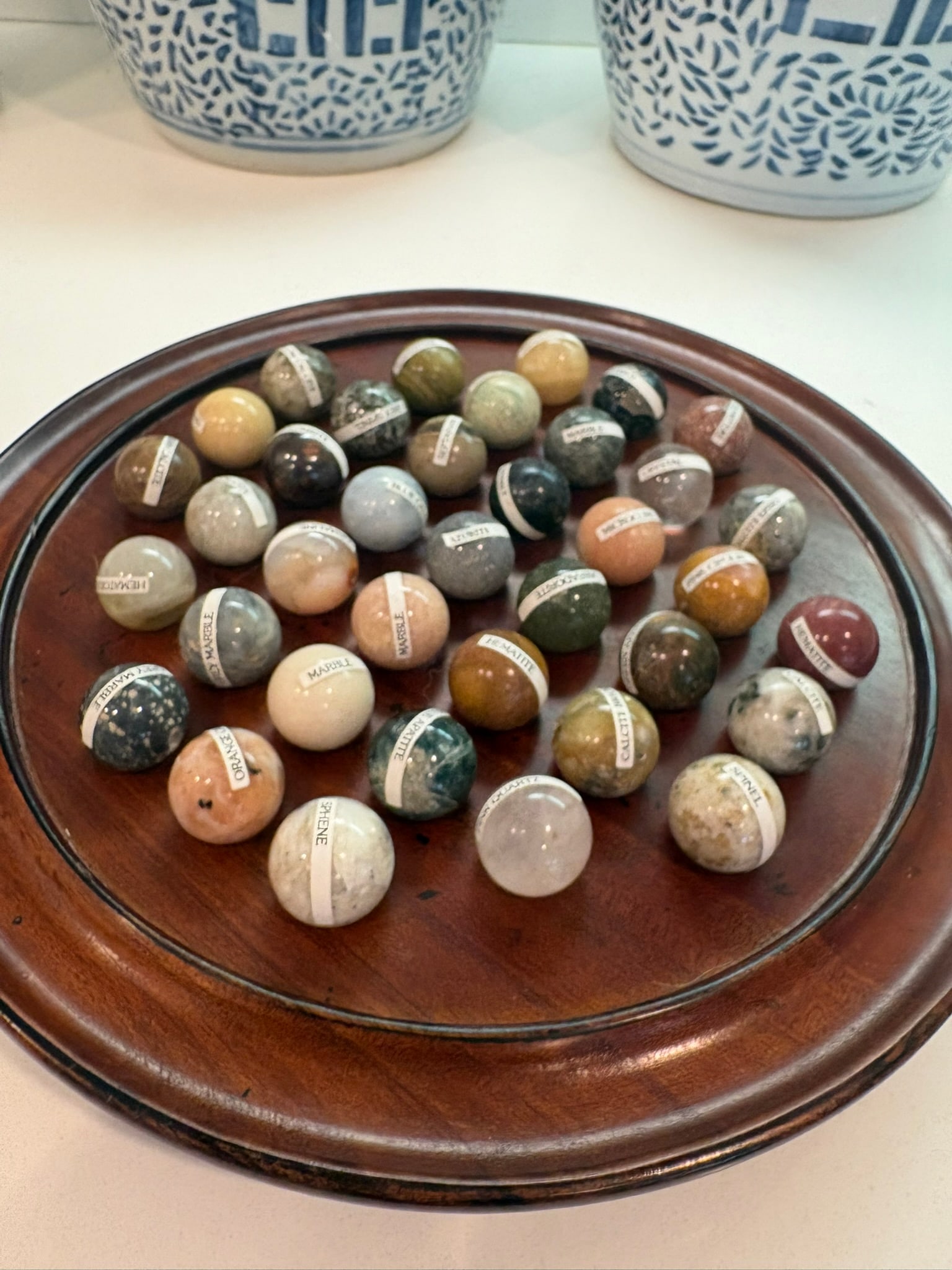 European Handcrafted Solitaire Game With Semi Precious Stone Marbles & Gilt Pedestal Bowl - 15