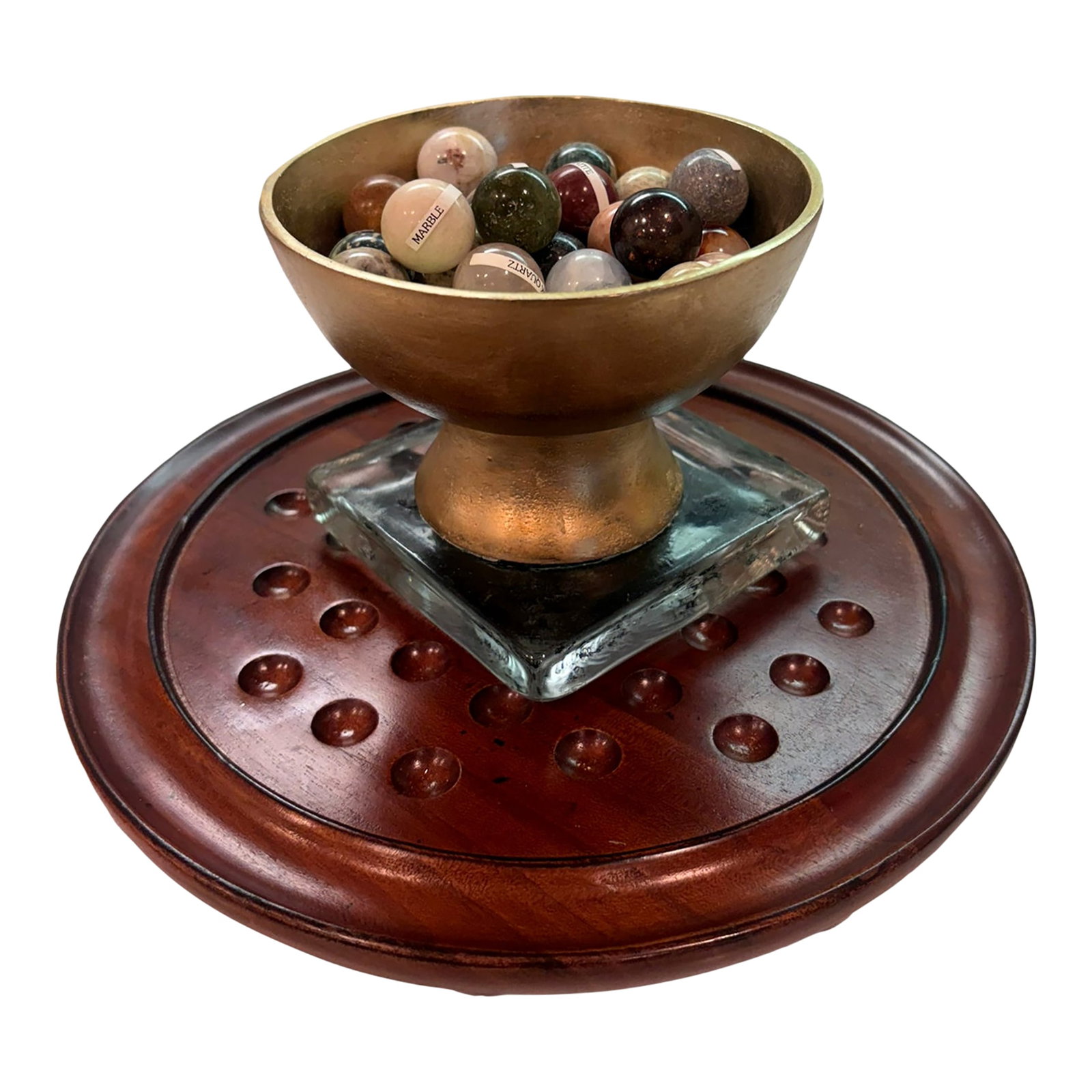 European Handcrafted Solitaire Game With Semi Precious Stone Marbles & Gilt Pedestal Bowl (1 of 15)