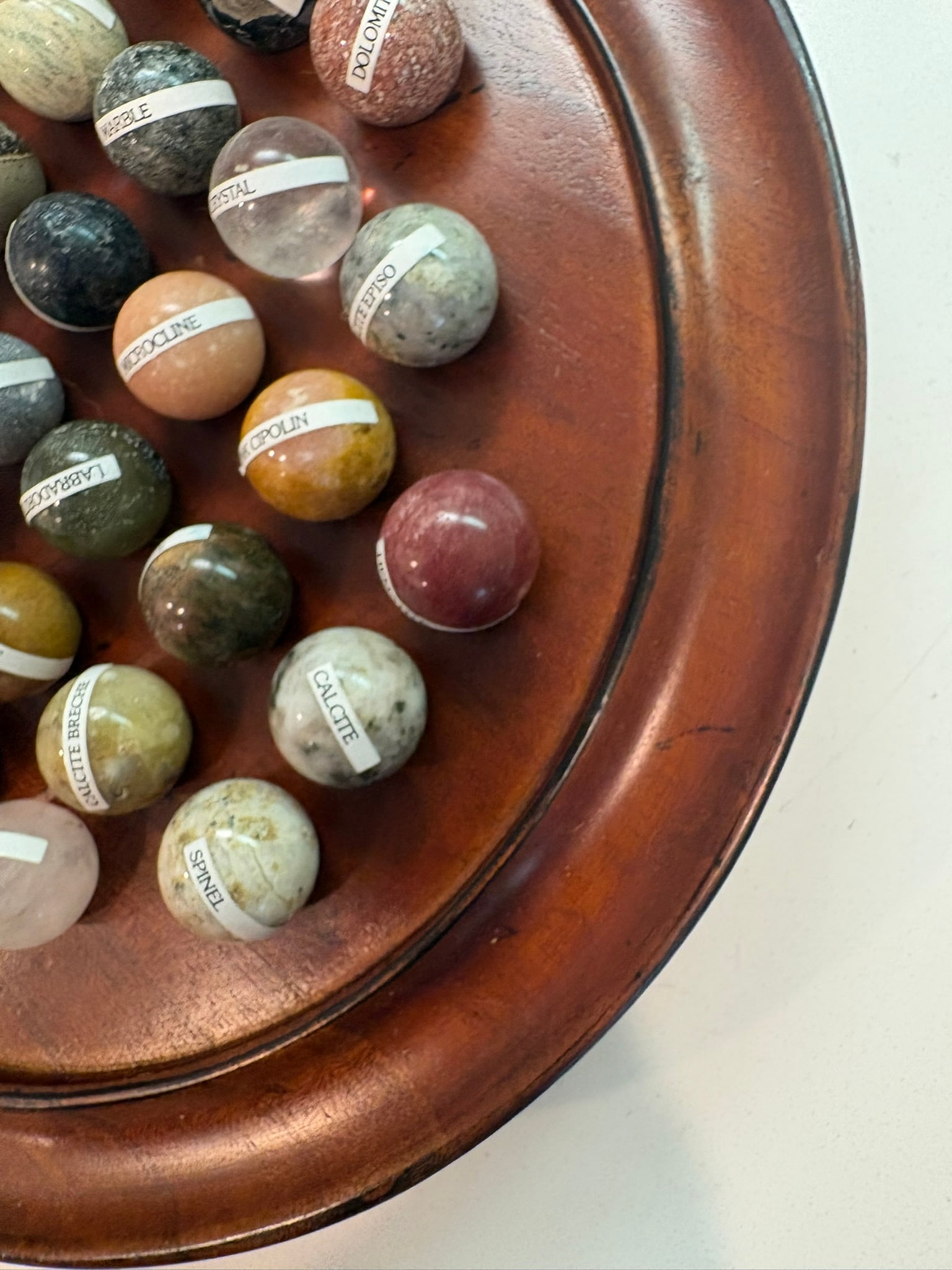 European Handcrafted Solitaire Game With Semi Precious Stone Marbles & Gilt Pedestal Bowl - 5