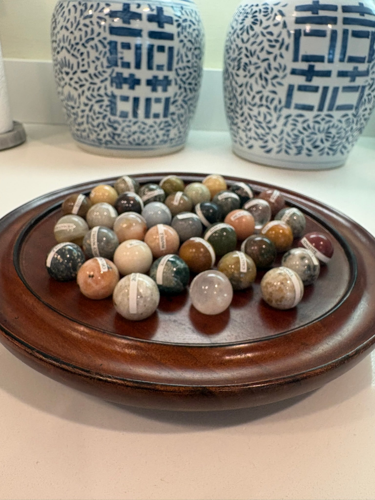 European Handcrafted Solitaire Game With Semi Precious Stone Marbles & Gilt Pedestal Bowl - 6