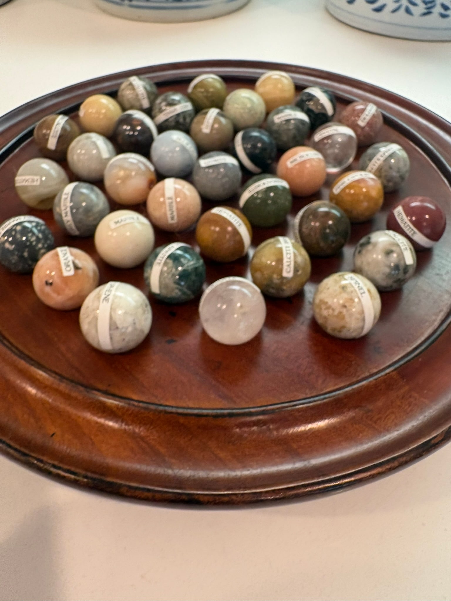 European Handcrafted Solitaire Game With Semi Precious Stone Marbles & Gilt Pedestal Bowl - 7