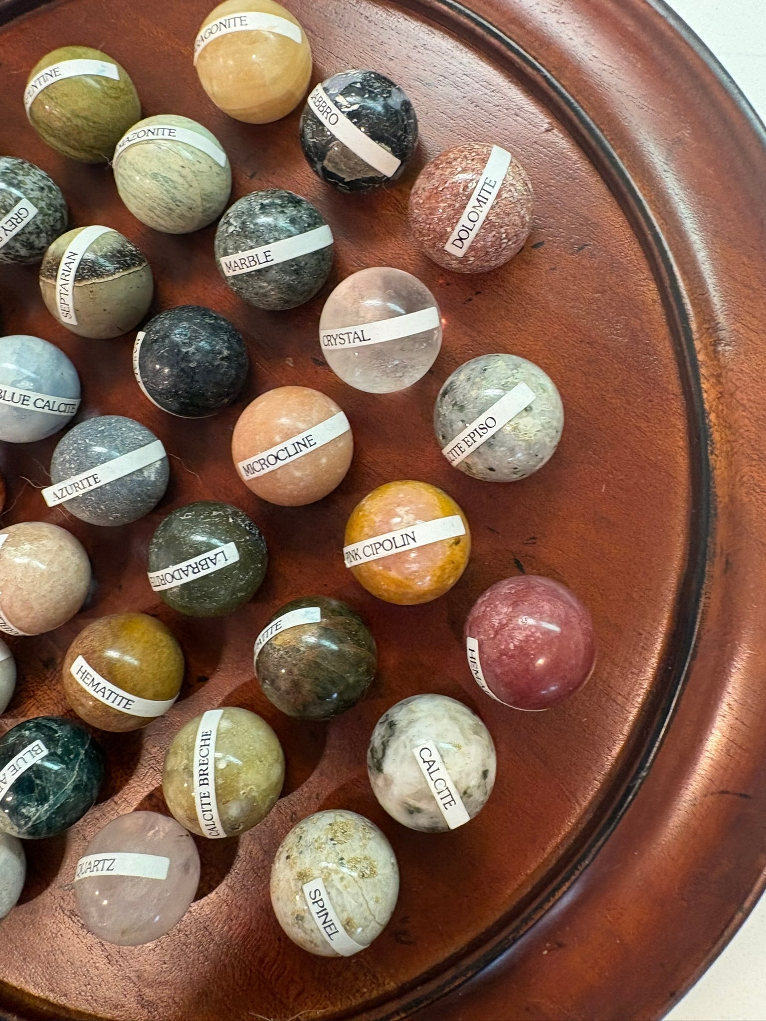 European Handcrafted Solitaire Game With Semi Precious Stone Marbles & Gilt Pedestal Bowl - 8
