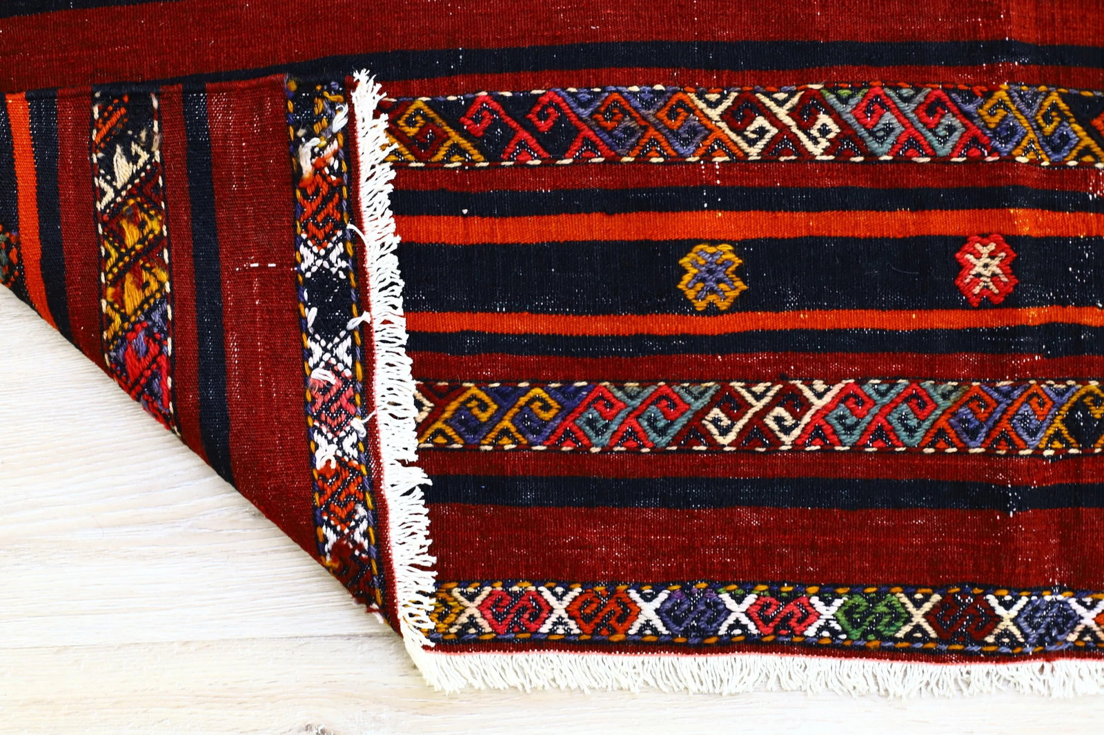 1960s Scandinavian Wool Burgundy Striped Design Hand Knotted Kilim Rug 5x10 Ft - 10