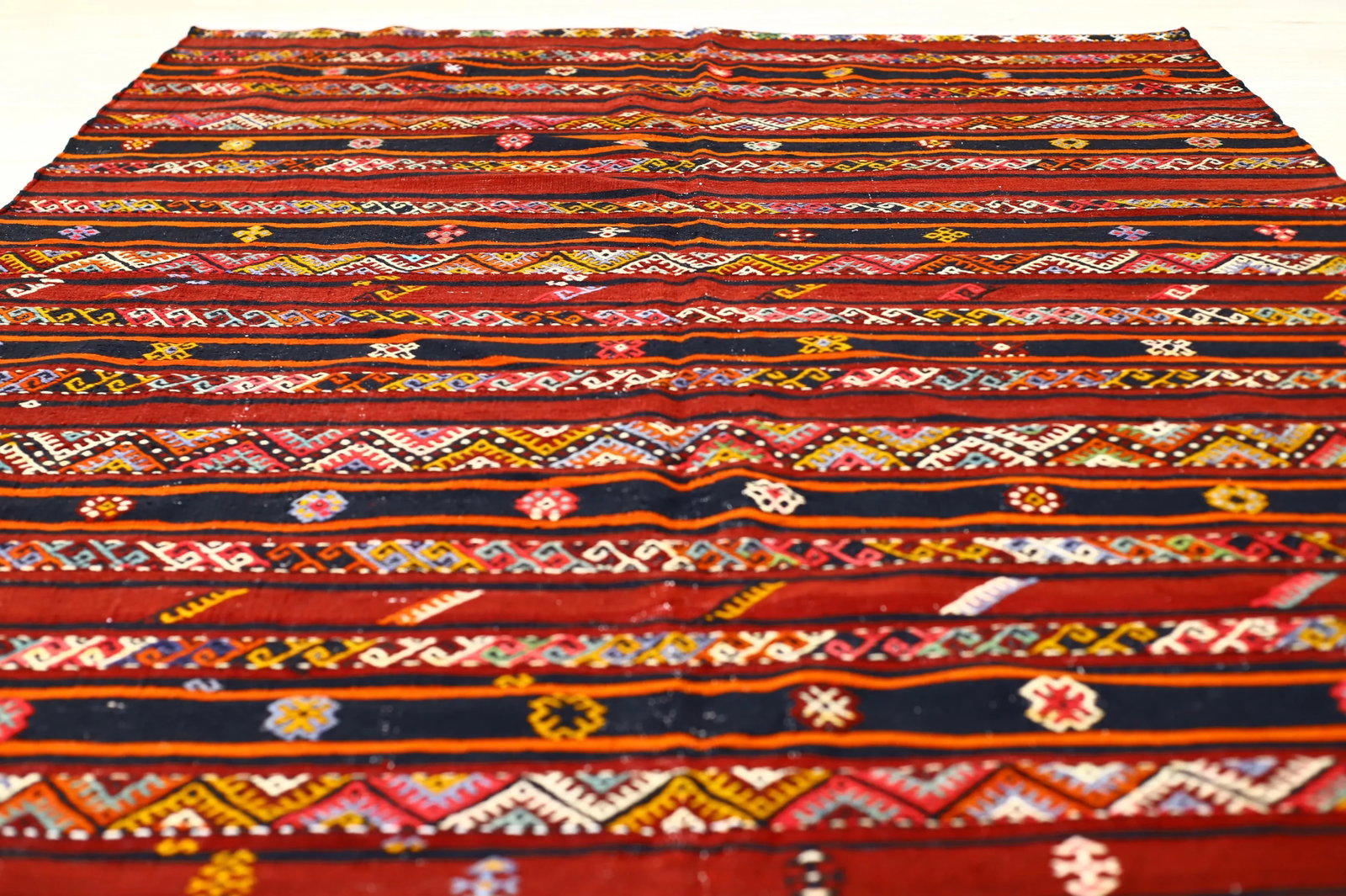 1960s Scandinavian Wool Burgundy Striped Design Hand Knotted Kilim Rug 5x10 Ft - 11