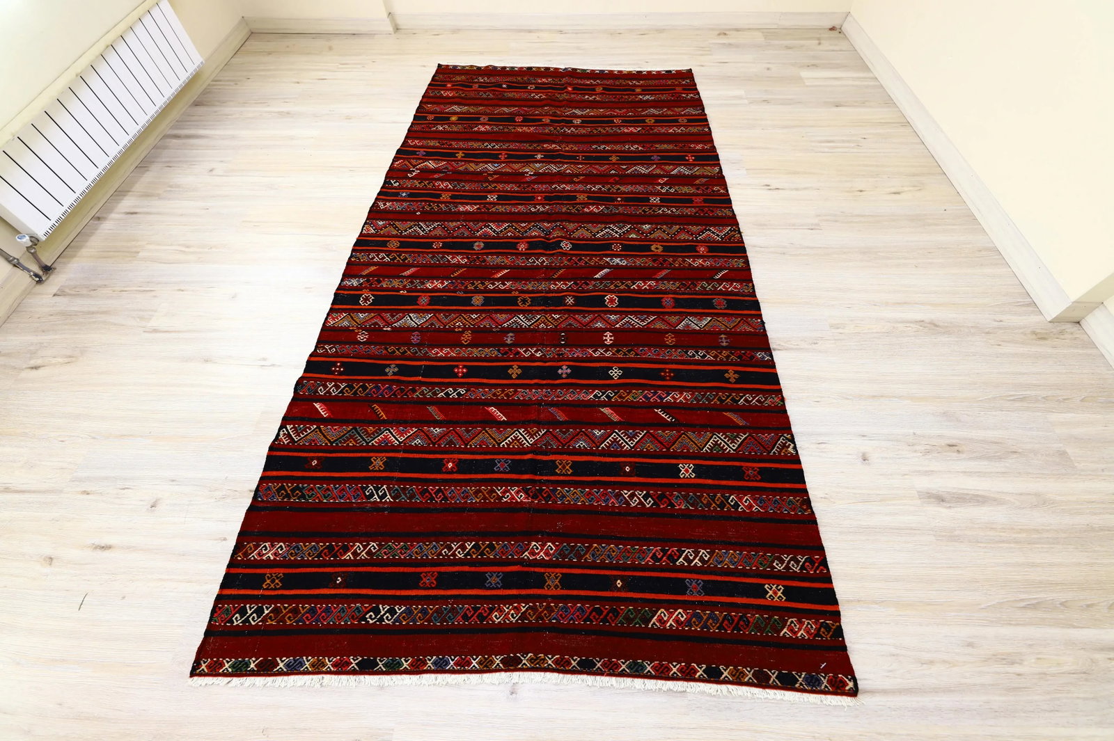 1960s Scandinavian Wool Burgundy Striped Design Hand Knotted Kilim Rug 5x10 Ft - 13
