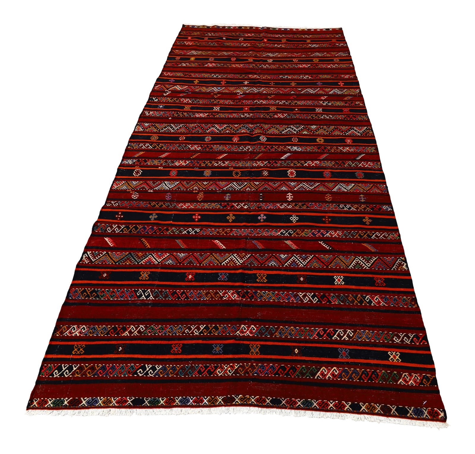 1960s Scandinavian Wool Burgundy Striped Design Hand Knotted Kilim Rug 5x10 Ft: 1960s Scandinavian Wool Burgundy Striped Design Hand Knotted Kilim Rug Size: 5.1 x 9.5 ft - 157 x 290 cm - 61 x 114 inches Color: Organic Natural Dye ( Burgundy,Black,Orange,Pink,Blue) Material: 100% 