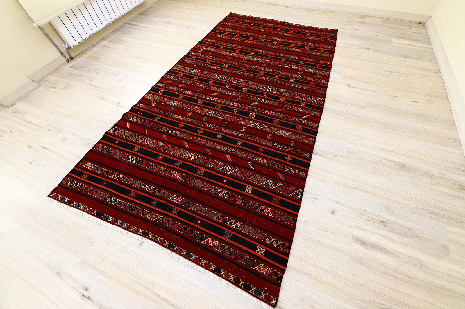 1960s Scandinavian Wool Burgundy Striped Design Hand Knotted Kilim Rug 5x10 Ft - 2