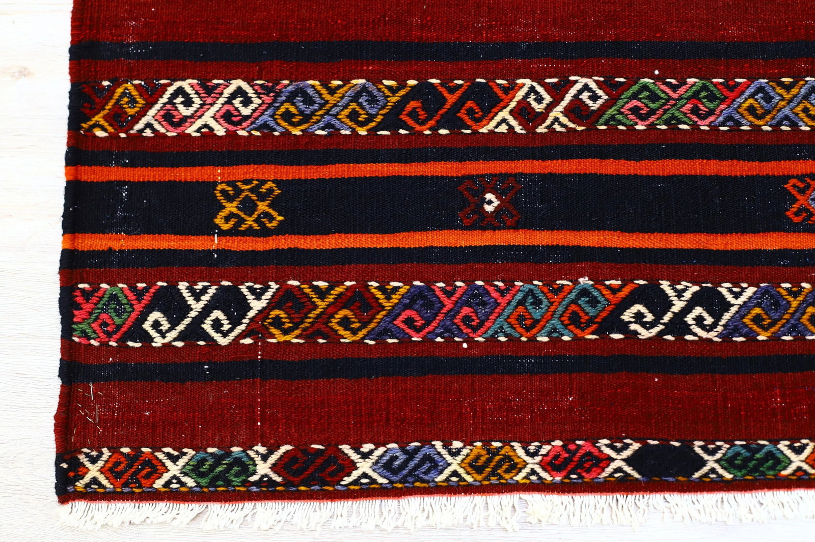 1960s Scandinavian Wool Burgundy Striped Design Hand Knotted Kilim Rug 5x10 Ft - 3