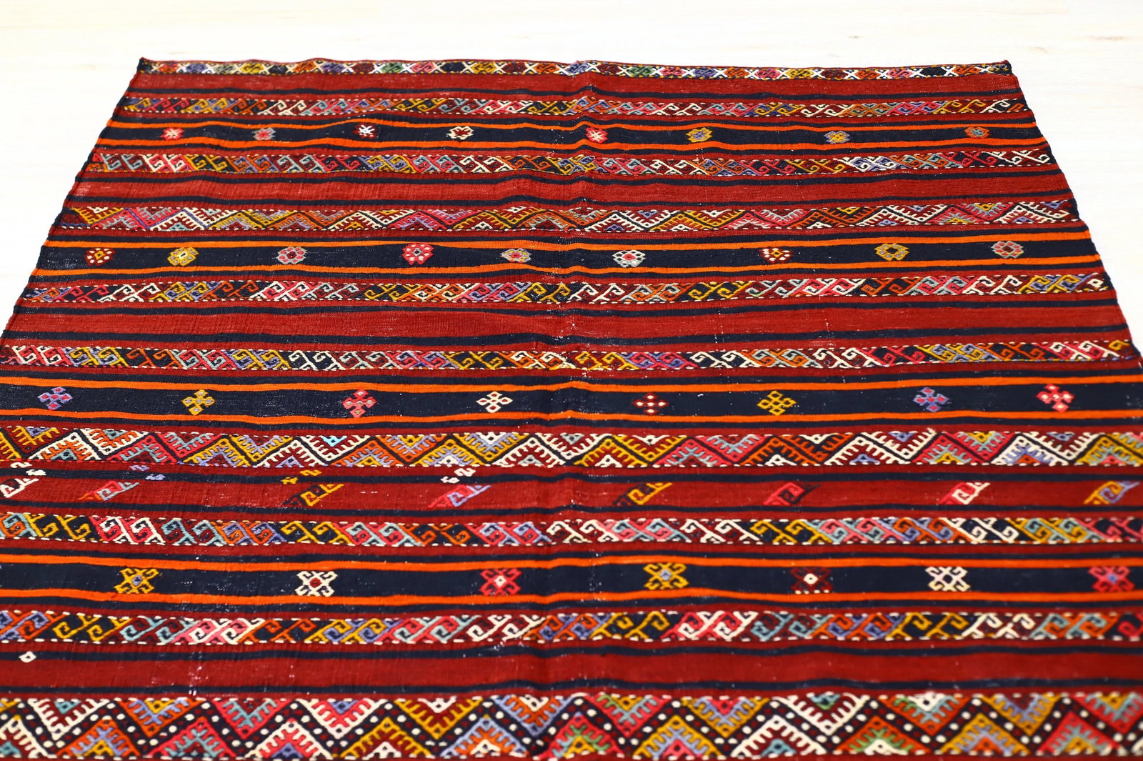 1960s Scandinavian Wool Burgundy Striped Design Hand Knotted Kilim Rug 5x10 Ft - 4
