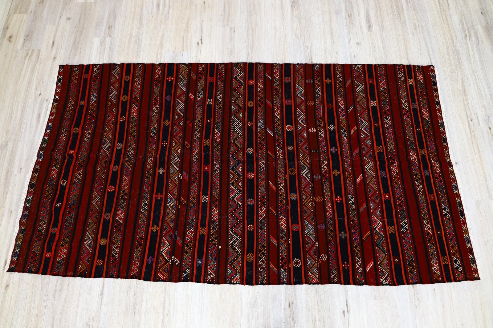 1960s Scandinavian Wool Burgundy Striped Design Hand Knotted Kilim Rug 5x10 Ft - 5