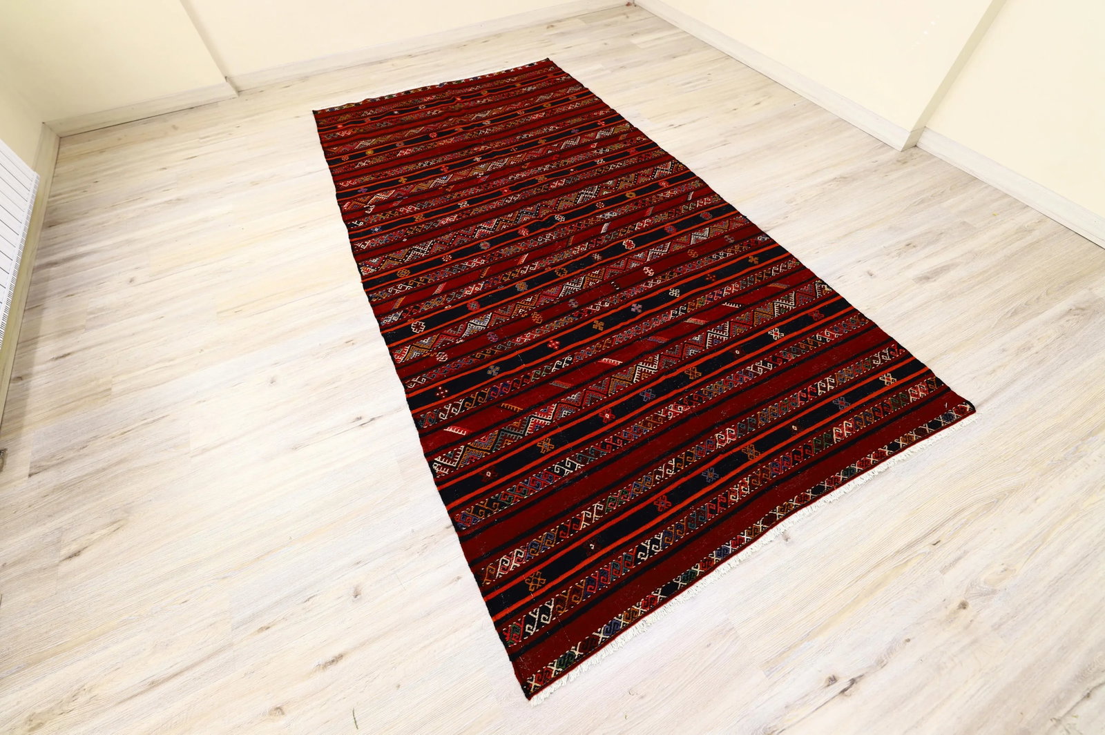 1960s Scandinavian Wool Burgundy Striped Design Hand Knotted Kilim Rug 5x10 Ft - 6