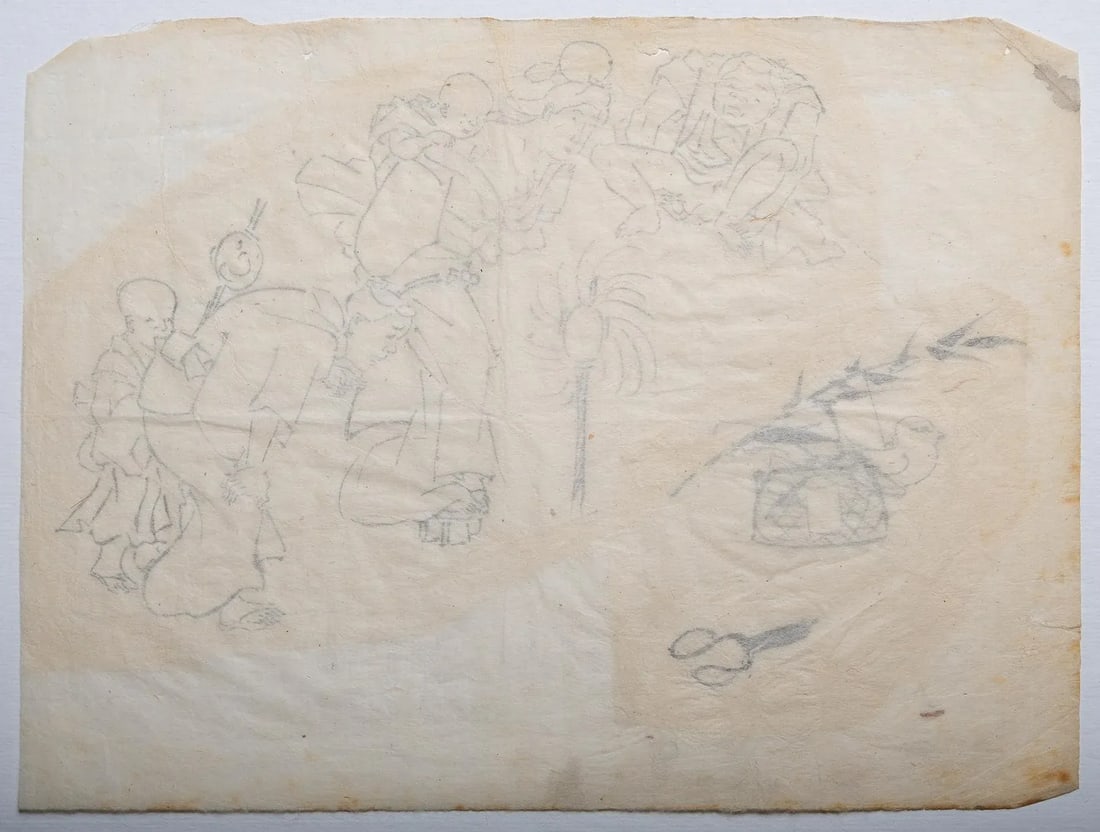18th Century Japanese Wood Block Proof of Crowd Around a Lantern - 2