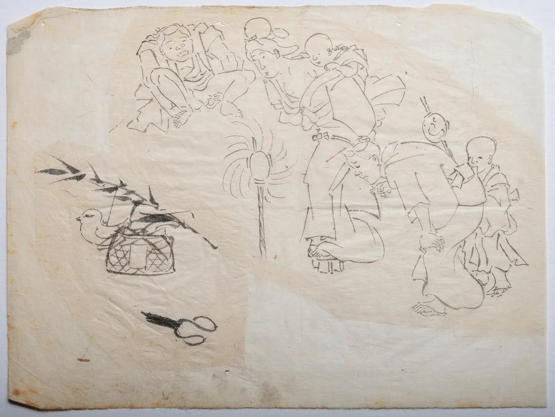 18th Century Japanese Wood Block Proof of Crowd Around a Lantern - 3