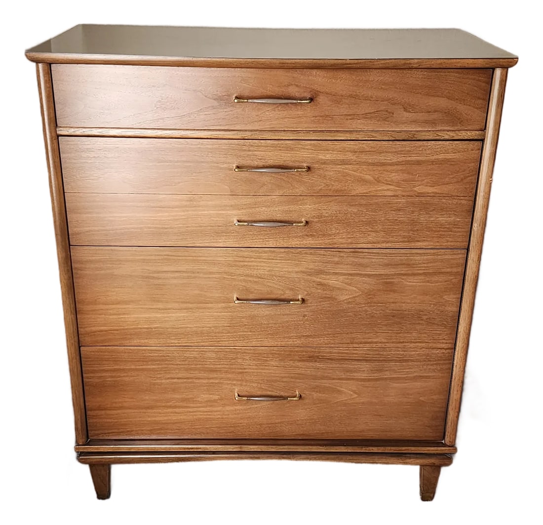 Kent Coffee Mid 20th Century Highboy: Kent Coffey Mid-Century Modern 5-drawer highboy. The Nomad Collection. Original owner. Highboy 38L x 19W x 45H This is part of a full set - Bed headboard, footboard, side rails/frame, highboy, credenz