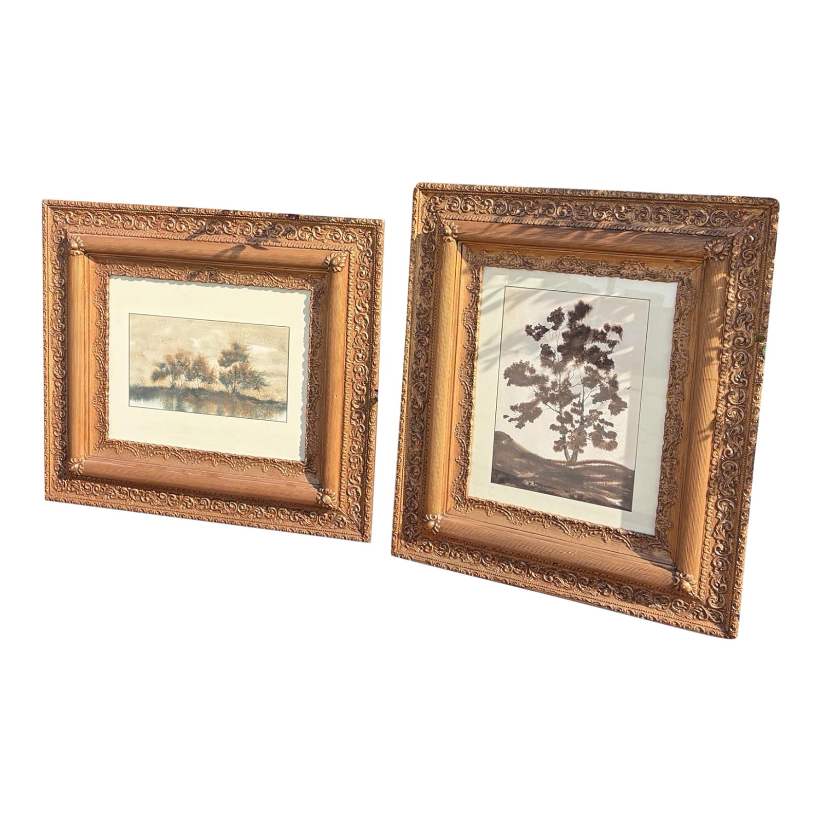 Antique Mid-Century Modern Framed Watercolor Paintings by C. Winterle - a Pair: The watercolors are original, signed works by C. Winterle, created prior to 1970 and representative of her earlier period. Soft, atmospheric compositions allow the artwork to sit comfortably within th