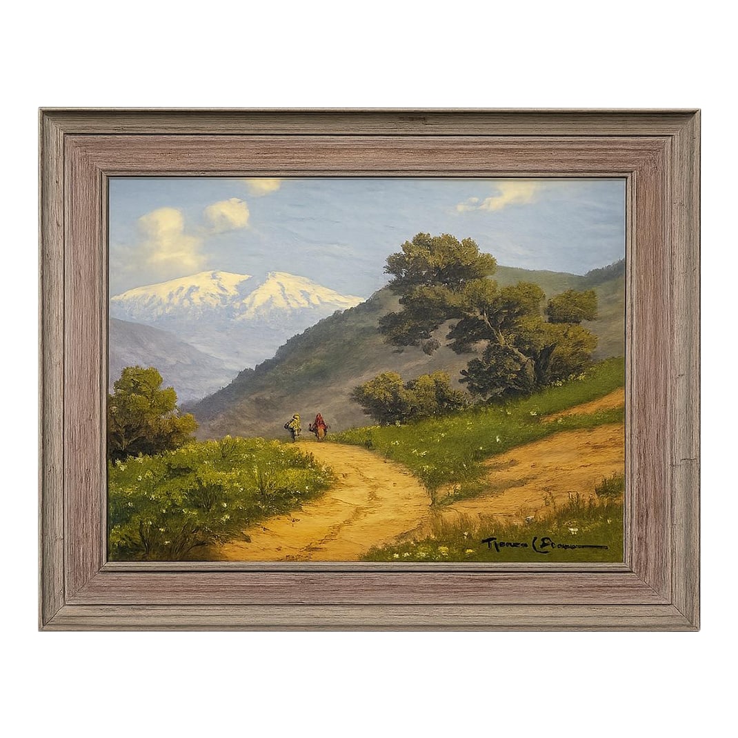 Mid-Century Chilean Landscape Oil Painting, Signed & Dated 1957, Original Frame: Original mid-century oil painting depicting a rural mountain path with figures, executed in warm, expressive brushwork. The painting is signed lower right Ramos Castillo and is dated 1957, with
