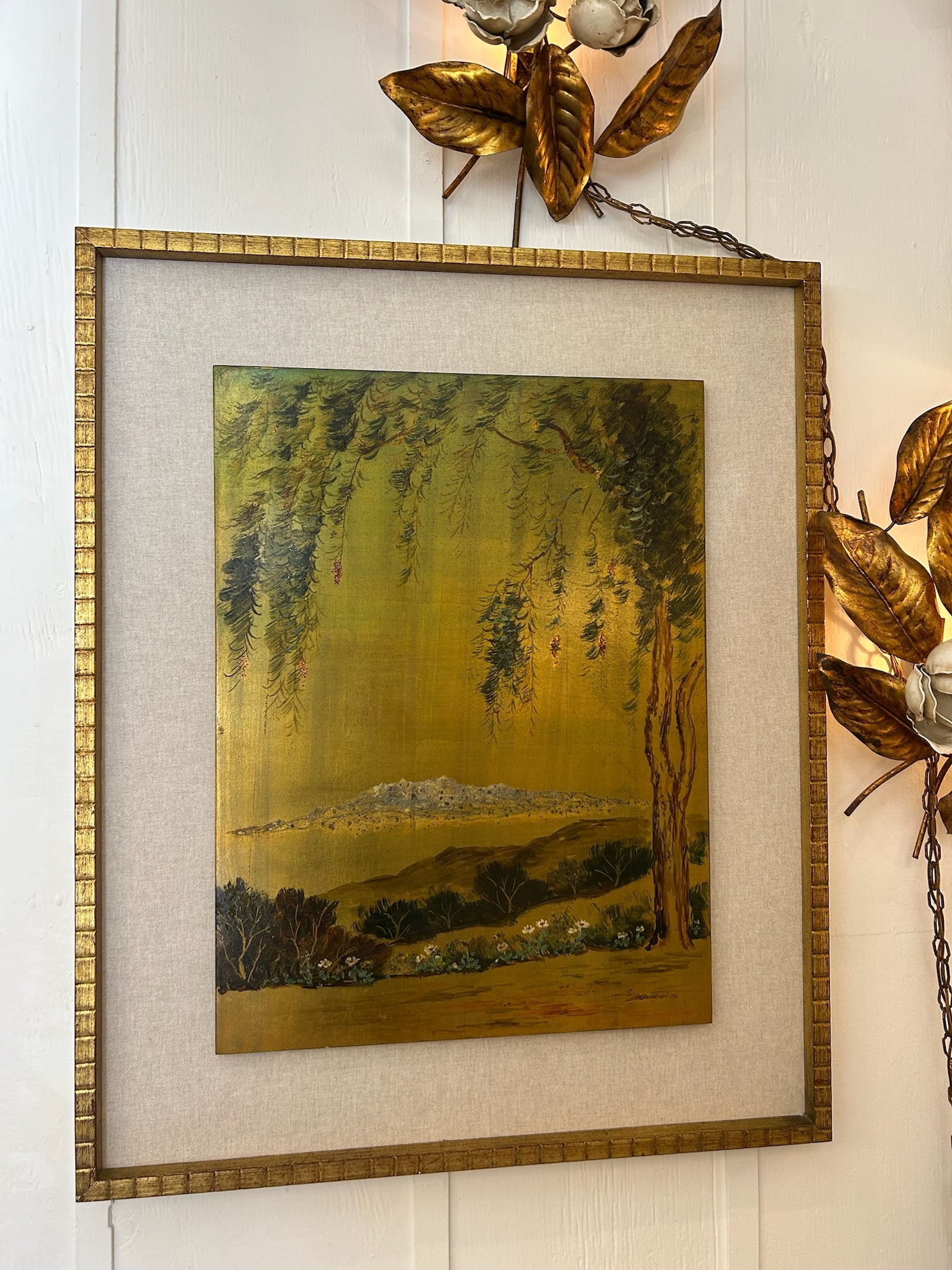 Pair of Vintage Original Oil on Board With New Linen Float Mat and Original Wood and Gold Leaf Frame - 11