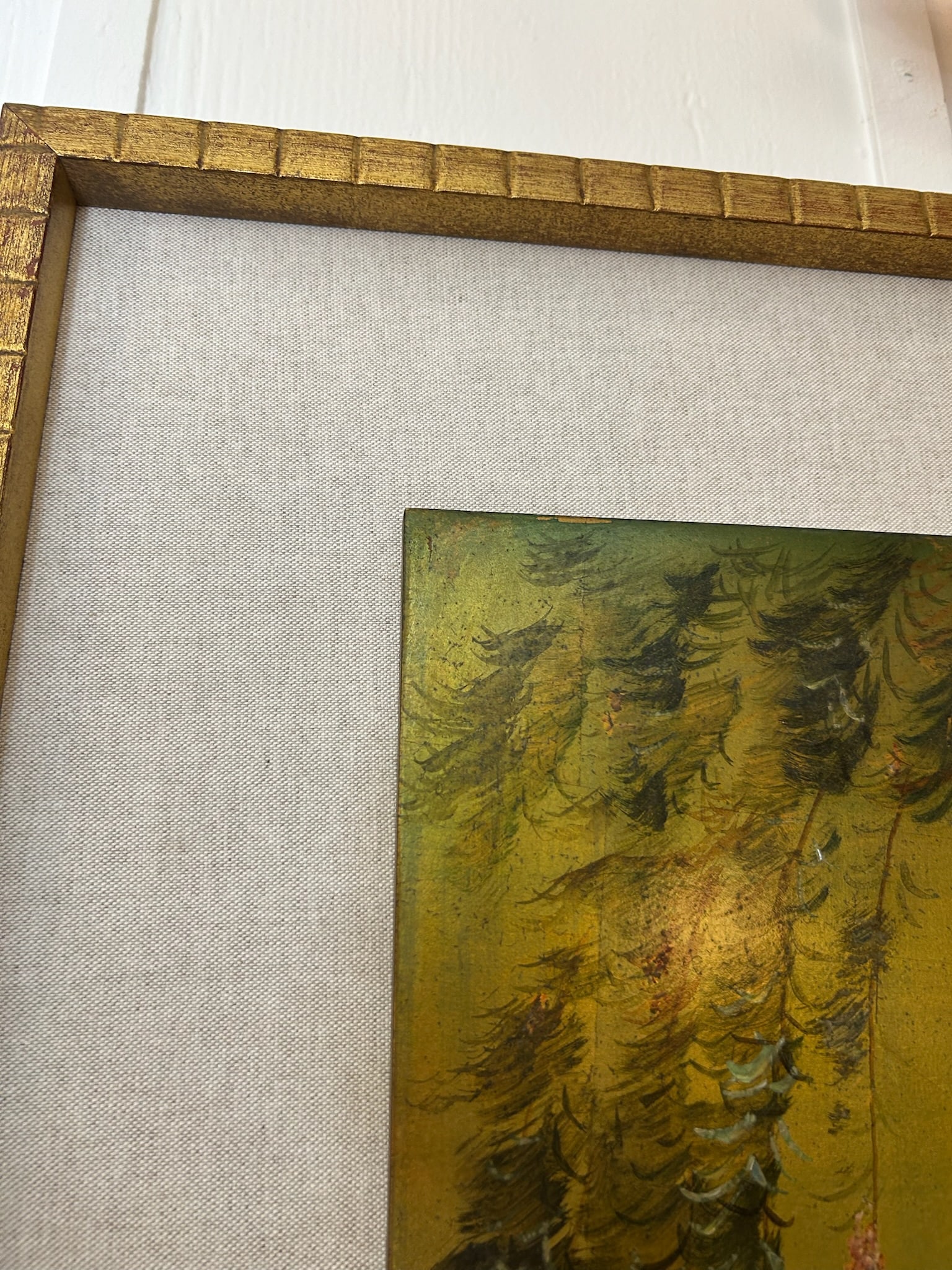 Pair of Vintage Original Oil on Board With New Linen Float Mat and Original Wood and Gold Leaf Frame - 13